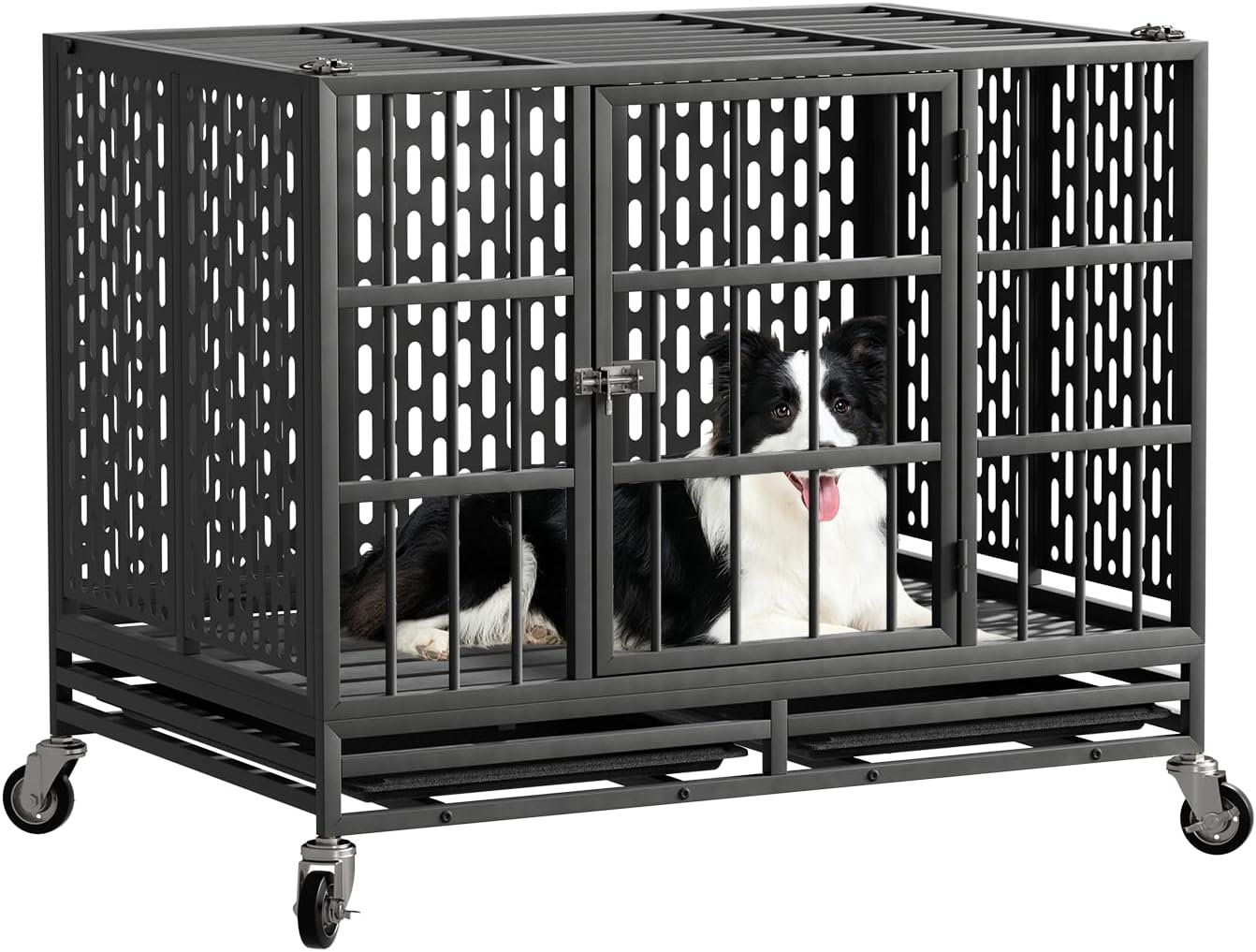 Snuowu 38 Inch Heavy Duty Dog Crate with Wheels, Folding Metal Big Dog Cage for Large and Medium Dogs, Extra Large XL XXL Indestructible Dog Crate with Removable Tray.