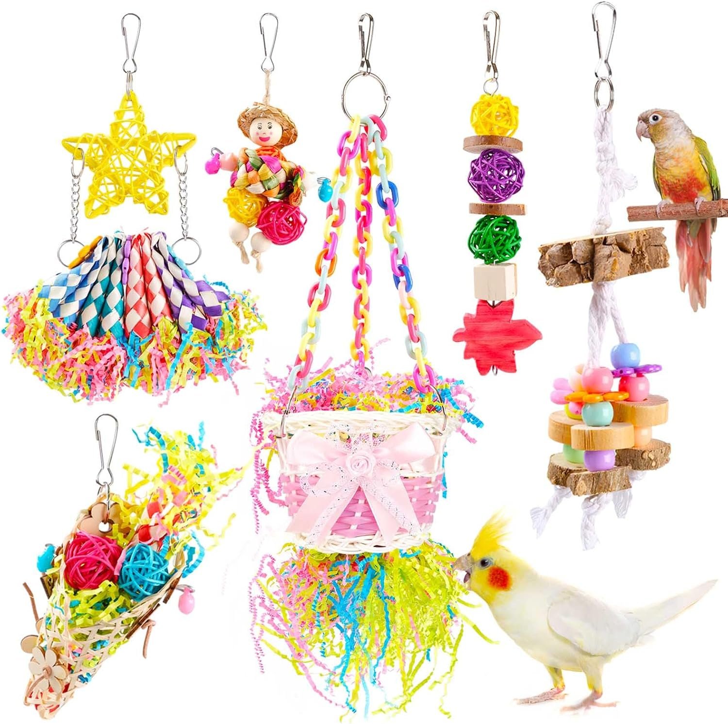 Bird Toys Foraging Toys Chewing Toy Colorful Foraging Shredder Climbing Ladder, Small and Medium-Sized Parrot, Love Bird, Tiger Skin Parrot Accessories(6PCS)