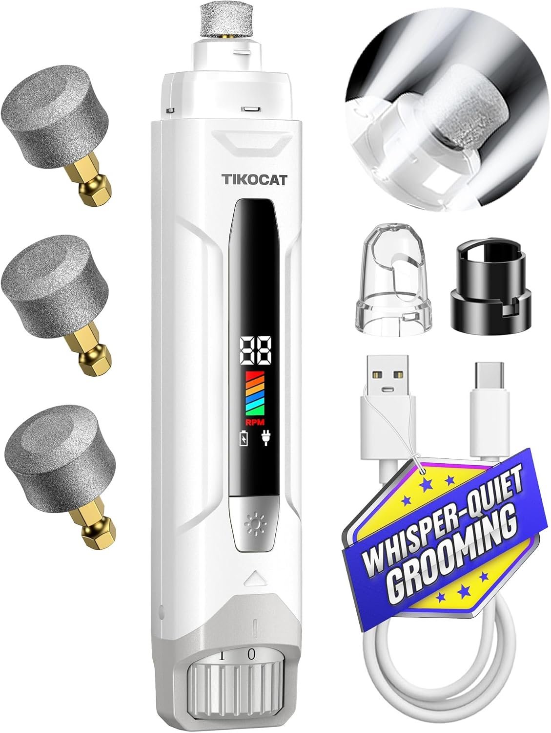 Whisper-Quiet Dog Nail Grinder 50% More Powerful for Sensitive Dogs,Cats | 6-Speed Pet Nail Trimmer with LED Display & 4 LED Lights, 3 Grinding Bits, No Over-Cutting,Stress-Free Grooming for All Pets
