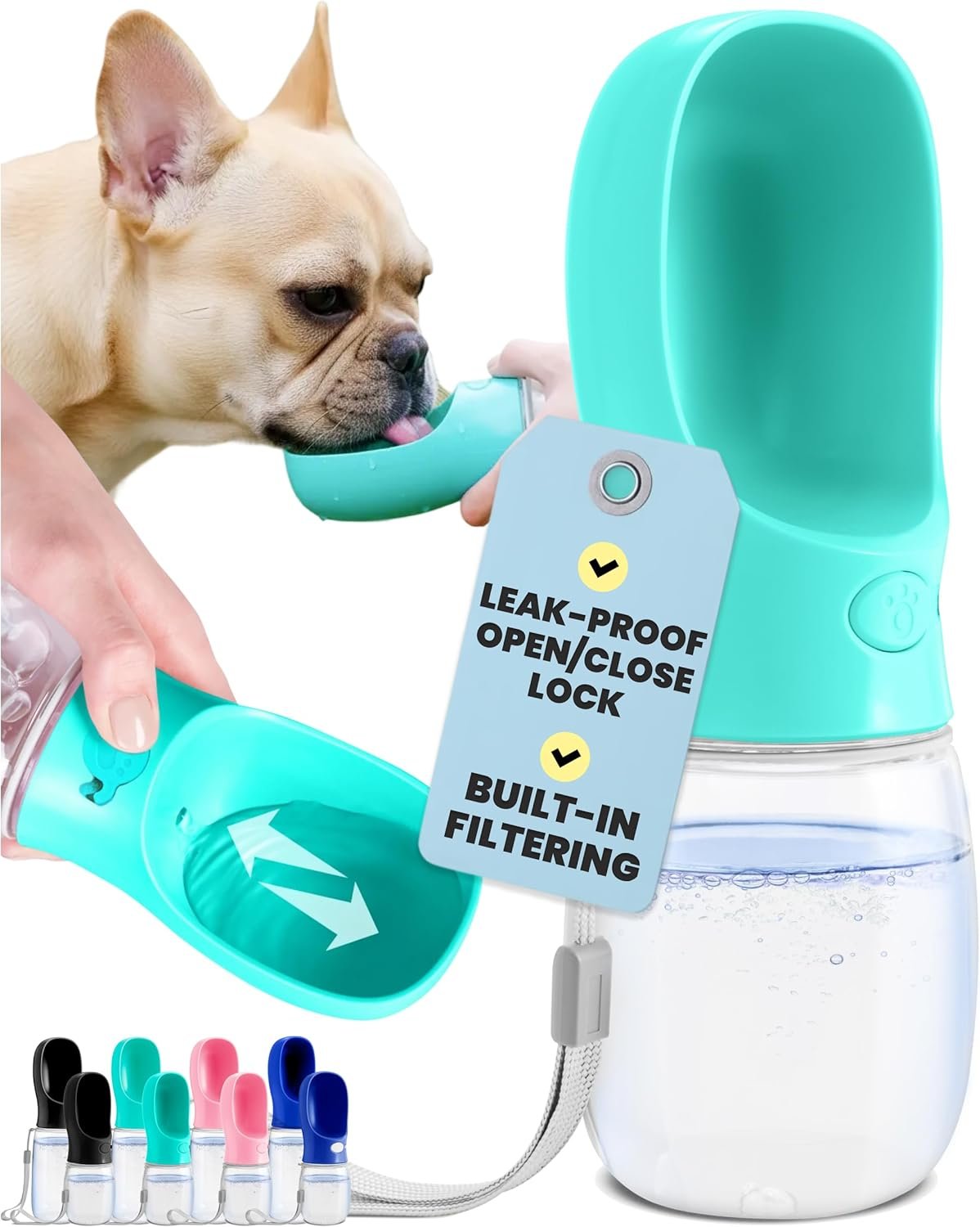 MalsiPree Dog Water Bottle Dispenser – 12 oz Blue, Leak-Proof | 12oz leak-proof bottle – one-hand use – built-in bowl – Use for dog walks, travel, hiking & beach days