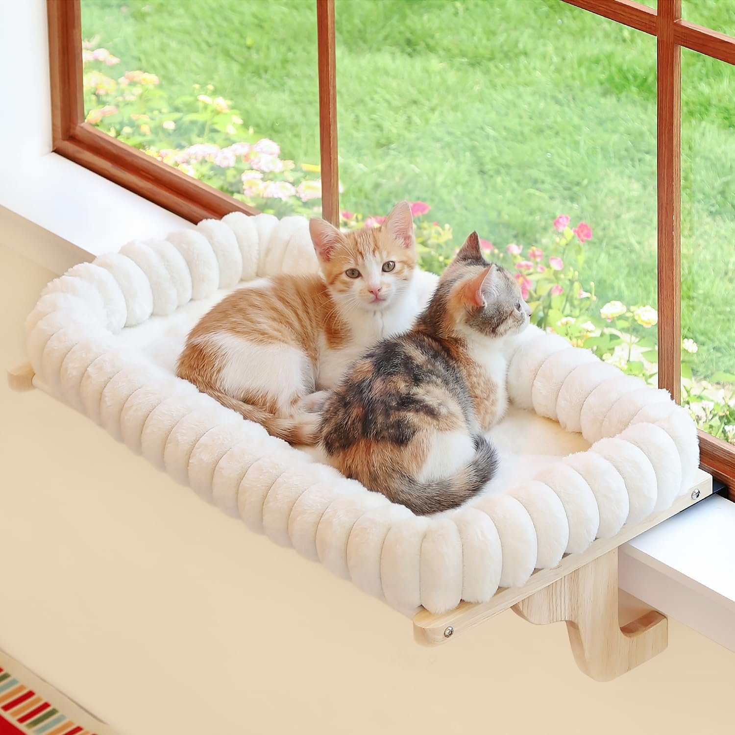 Zakkart SnugCloud Cat Window Perch with 4-Sided Bolster – Large Cat Hammock for Window Sill – Solid Hardwood & Metal Frame – Window Seat for Pets (Natural Color Wood w/White Bed, Large)