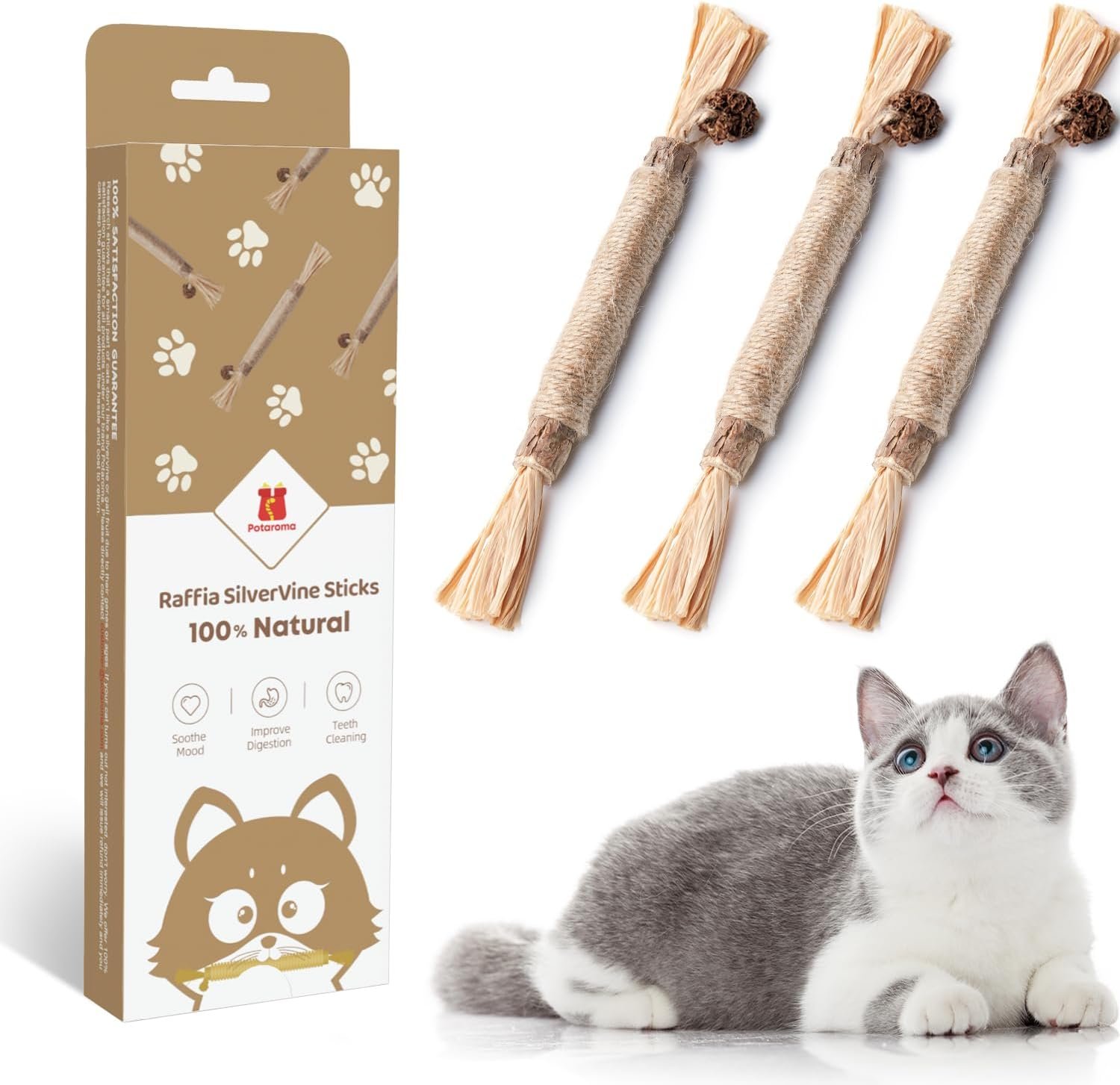 Potaroma 3 Pack Natural Silvervine Sticks Cat Toys, Catmint Silvervine Blend Sticks, Catnip Kittens Chew Toys Teeth Cleaning, Matatabi Dental Care Cat Treat Edible Kitty Lick Toys, Package May Vary | Kittens Chew Toys for Teeth Cleaning, Matatabi Dental Care Cat Treat, Edible Kitty Lick Toys