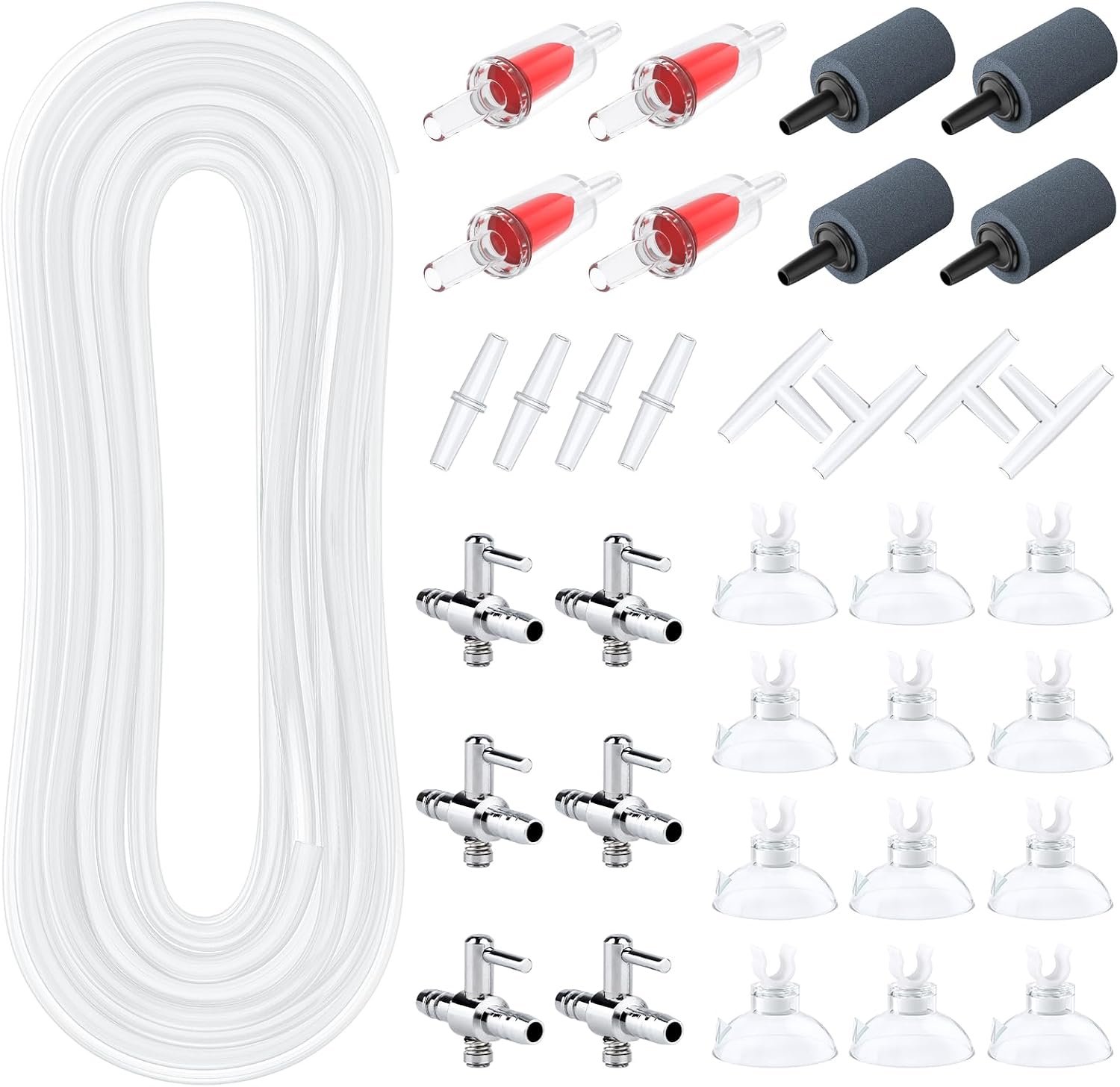 Pawfly Aquarium Tubing, 50 Feet Fish Tank Airline Tubing, Aquarium Air Pump Accessories Kit with Air Stones, Check Valves, Suction Cups, Air Control Valves and Connectors