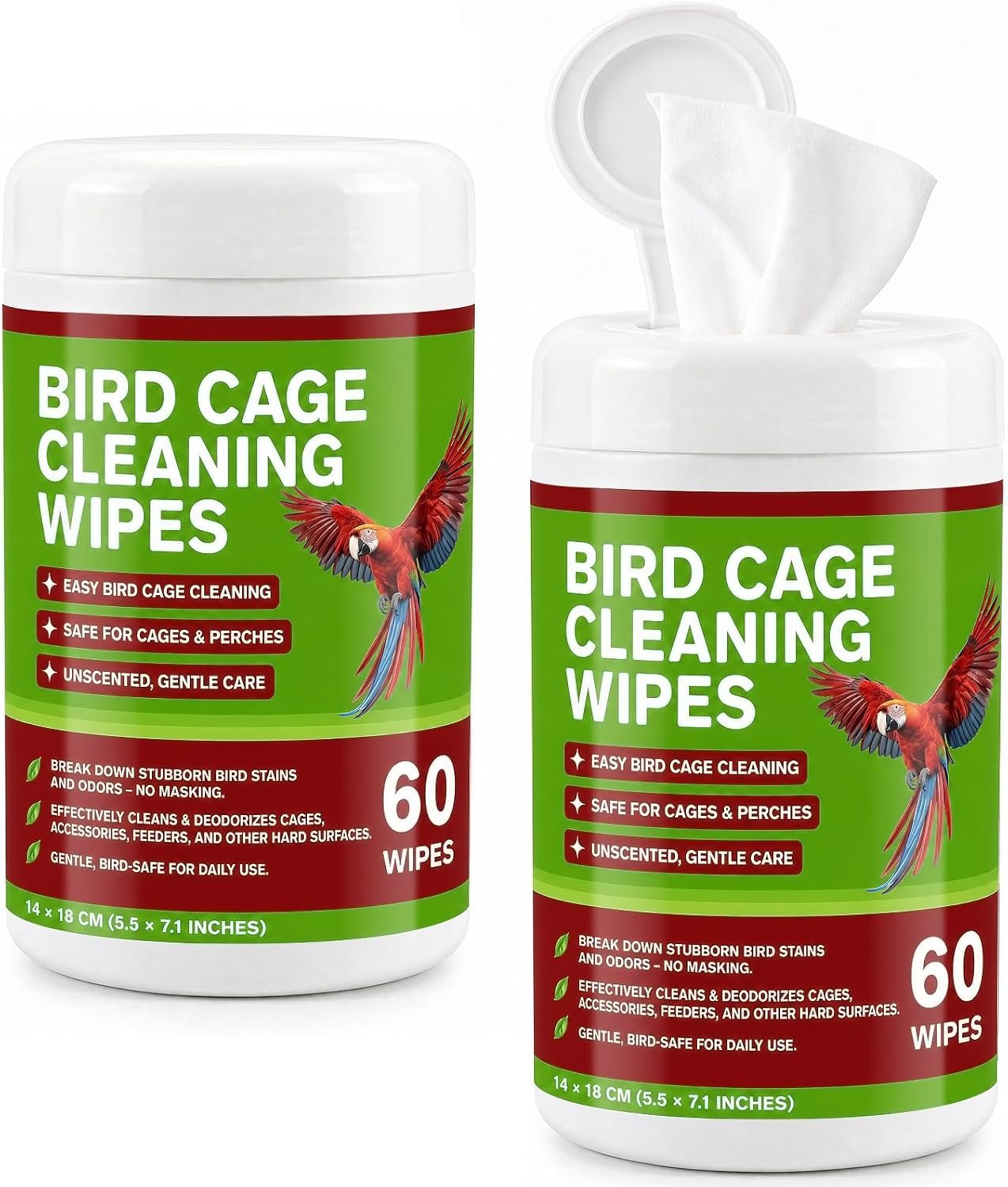 Bird Cage Cleaning Wipes, Unscented Bird Cage Cleaner Wipes for Parrot, Parakeet, Finch & Small Birds, Quick Spot Cleaning for Cages, Perches, Feeders & Trays, 2 Pack 120 Wipes