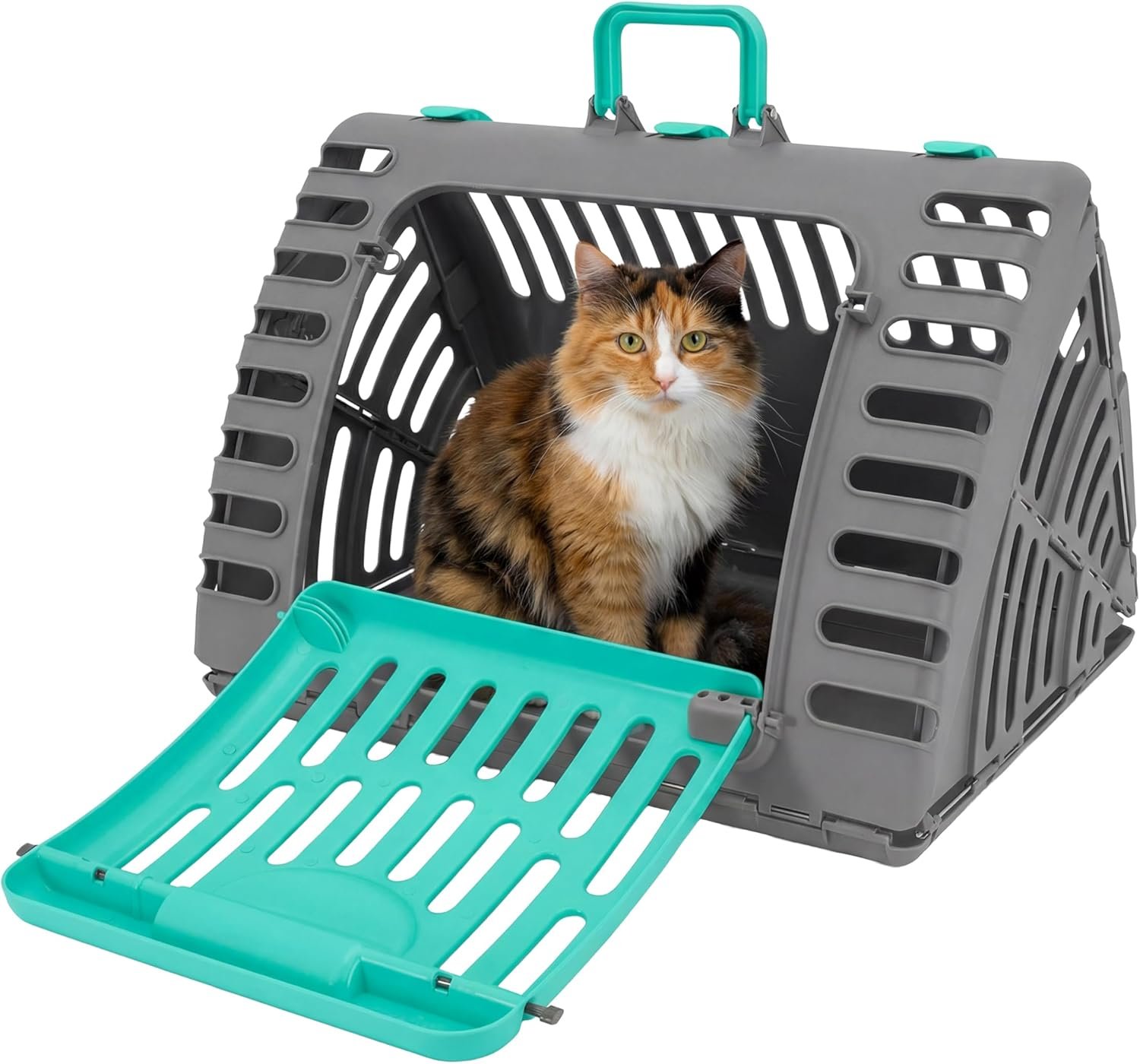 SportPet X-Large Hard-Sided Travel Cat Carrier – Cat Carrier with Patented Wide Side-Opening Door, Foldable Portable Pet Carrier for Cats & Small Pets up to 35lbs – Dark Gray/Teal