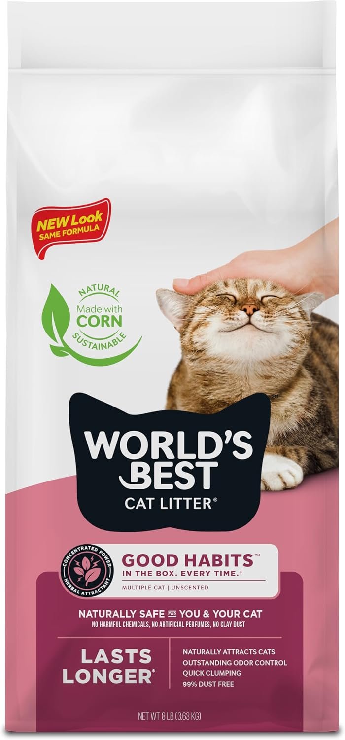 World’s Best Cat Litter, Good Habits Cat Attract Litter, Unscented, 8 lb | Attracts cats and kittens with plant-based attractant; natural corn litter, quick clumping, flushable, 99% dust free formula
