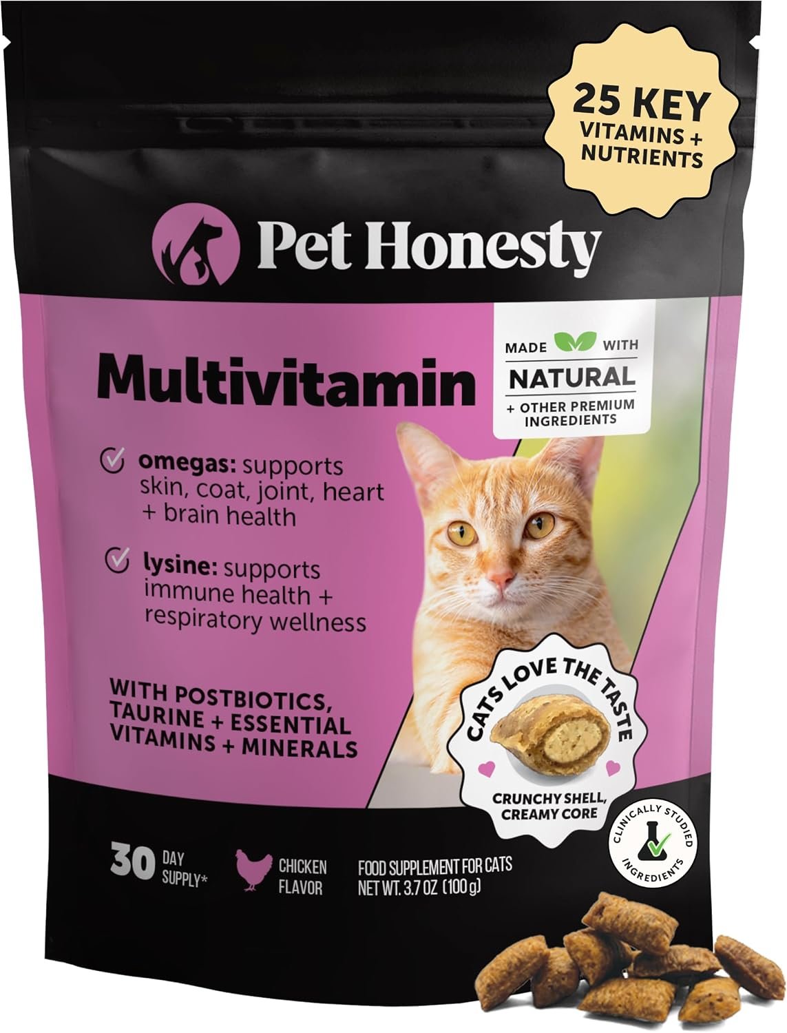 Cat Multivitamin Crunchy Creamy Chews – Daily Cat Vitamins with Lysine, Prebiotics, Omega 3 Fish Oil – Cat Treats for Immune Support, Skin Coat, Digestion, Heart + Joint Health (30-Day Supply)