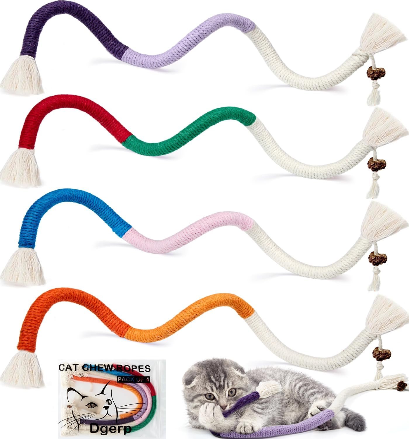Cat Chew Ropes 4Pcs, Safe Cat Chew Toys for Indoor Cats with Catnip | with Gall Fruit,Safe Teeth Cleaning Chew Toys,Interactive Kitten Nip toys for All Breeds,19.5 inches,Boredom Buster
