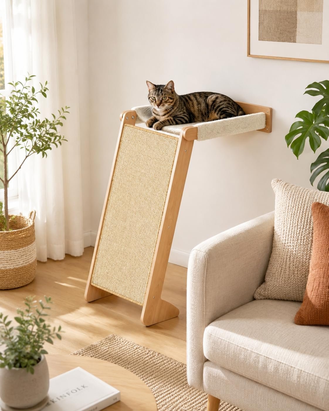 Wall Mounted Cat Scratcher with Hammock, 2-in-1 Cat Wall Furniture with Sisal Scratching Ramp, Wooden Frame Climbing Shelf, Space-Saving Perch for Lounging, Scratching and Resting