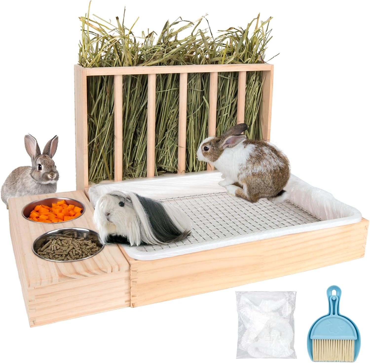 BESNEW 3 in 1 Rabbit Hay Feeder with Litter Box,Upgraded Wooden Hay Feeder Set for Guinea Pig Chinchilla Bunny Other Small Animals,Quick Cleaning & Large Capacity & Preventing Waste