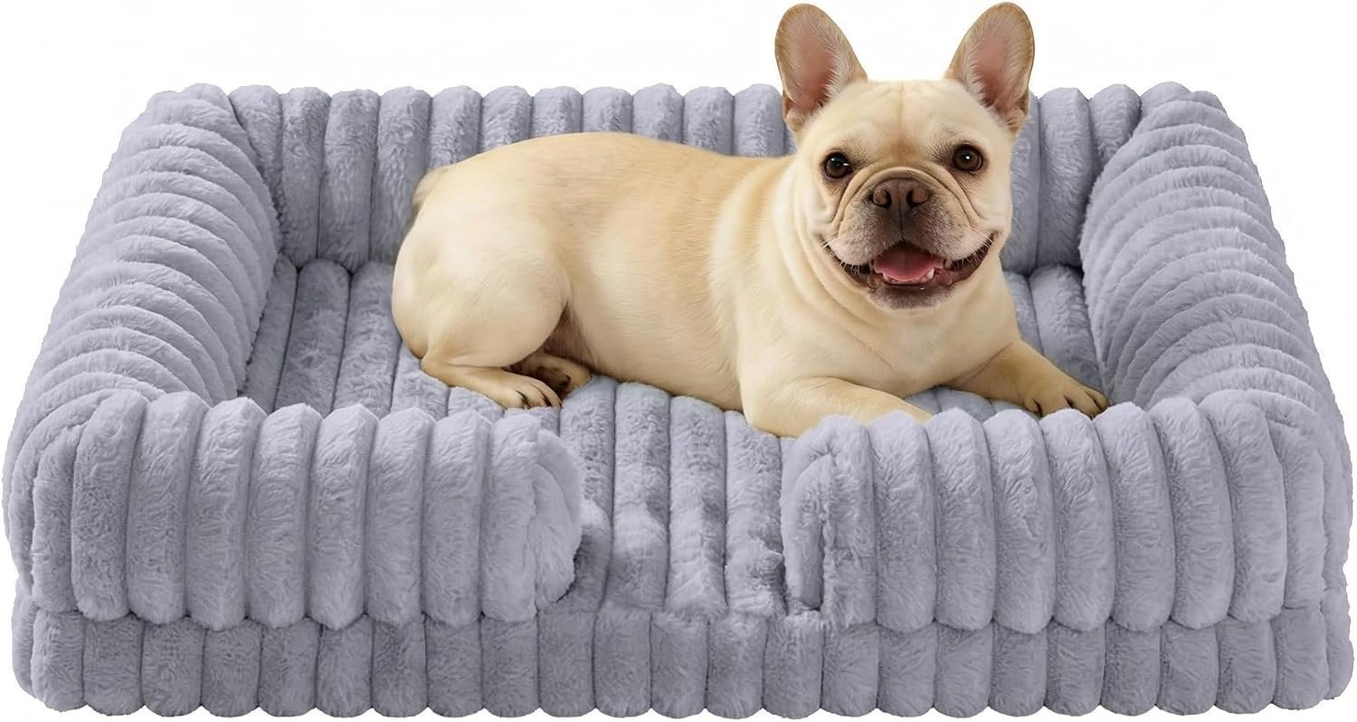 Waterproof Dog Bed for Small and Medium Dogs, 32x20x3 Inches | Orthopedic Support with Removable Washable Cover, Egg Crate Foam & Stripe Faux Rabbit Fur, Gray