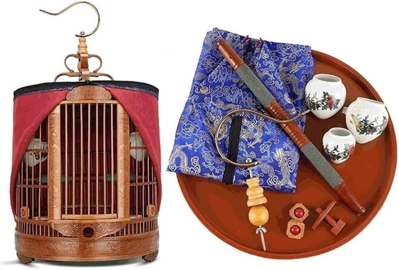 Birdcage Indoor Outdoor Portable Birdcages Creative Carved Birdcage Bamboo Bird Cages Durable Bird Cage Vintage Bird Carriers Flight Cage for Birds(36cm)