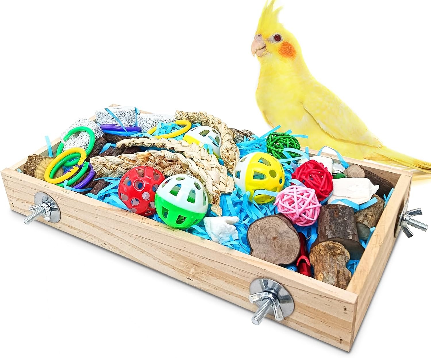 BNOSDM Bird Foraging Toys Box Colorful Parrot Foraging and Shredding Toy Boxes Natural Bird Toy Wooden Birds Chewing Toys for Parakeet, Conure, Cockatiel, Budgies, Lovebirds (Large)