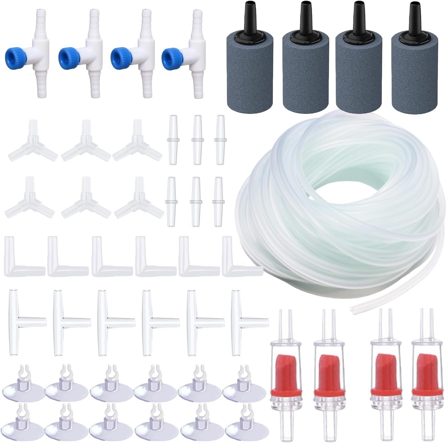 Aquarium Air Pump Accessories – Contains Airline Tubing, Control Valve, Air Stones, Connectors, Check Valves, Suction Cups
