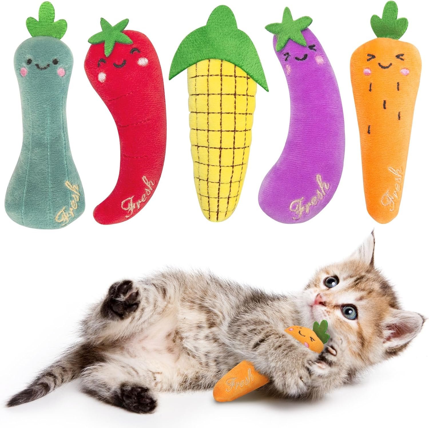 ETEKYER Catnip Cat Toys, 5 Pack, Plush Catnip Toys for Indoor Cats Kitten, Interactive Cat Nip Kitty Kicker Chew Safe Teeth Cleaning Toys, Fun Carrot Vegetable Shape