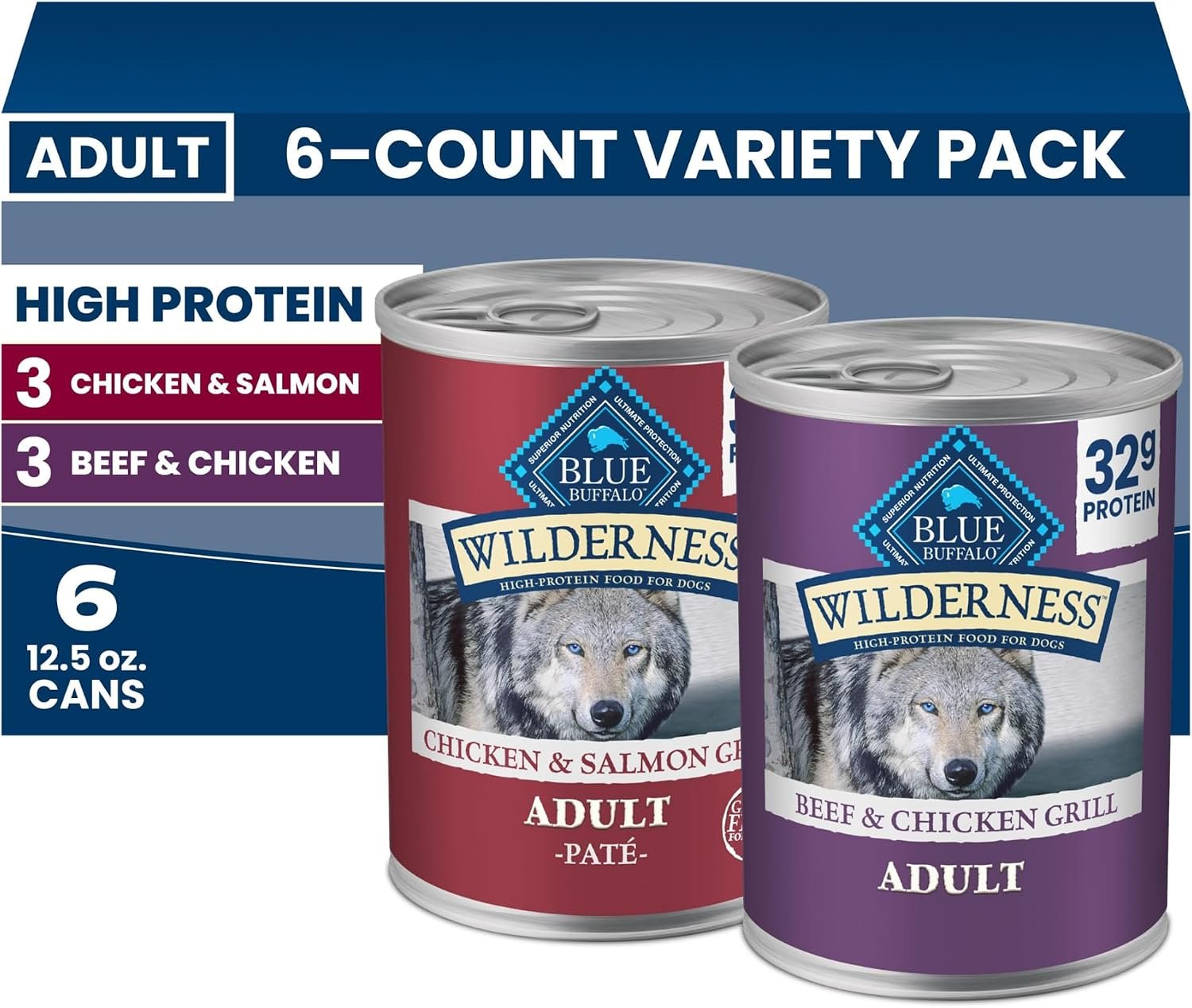 Blue Buffalo Wilderness Variety Pack Adult Wet Dog Food, 12.5 oz, 6 ct | Beef & Chicken Grill and Chicken & Salmon Grill (3 of each), High Protein & Grain-Free Recipes, Natural Ingredients