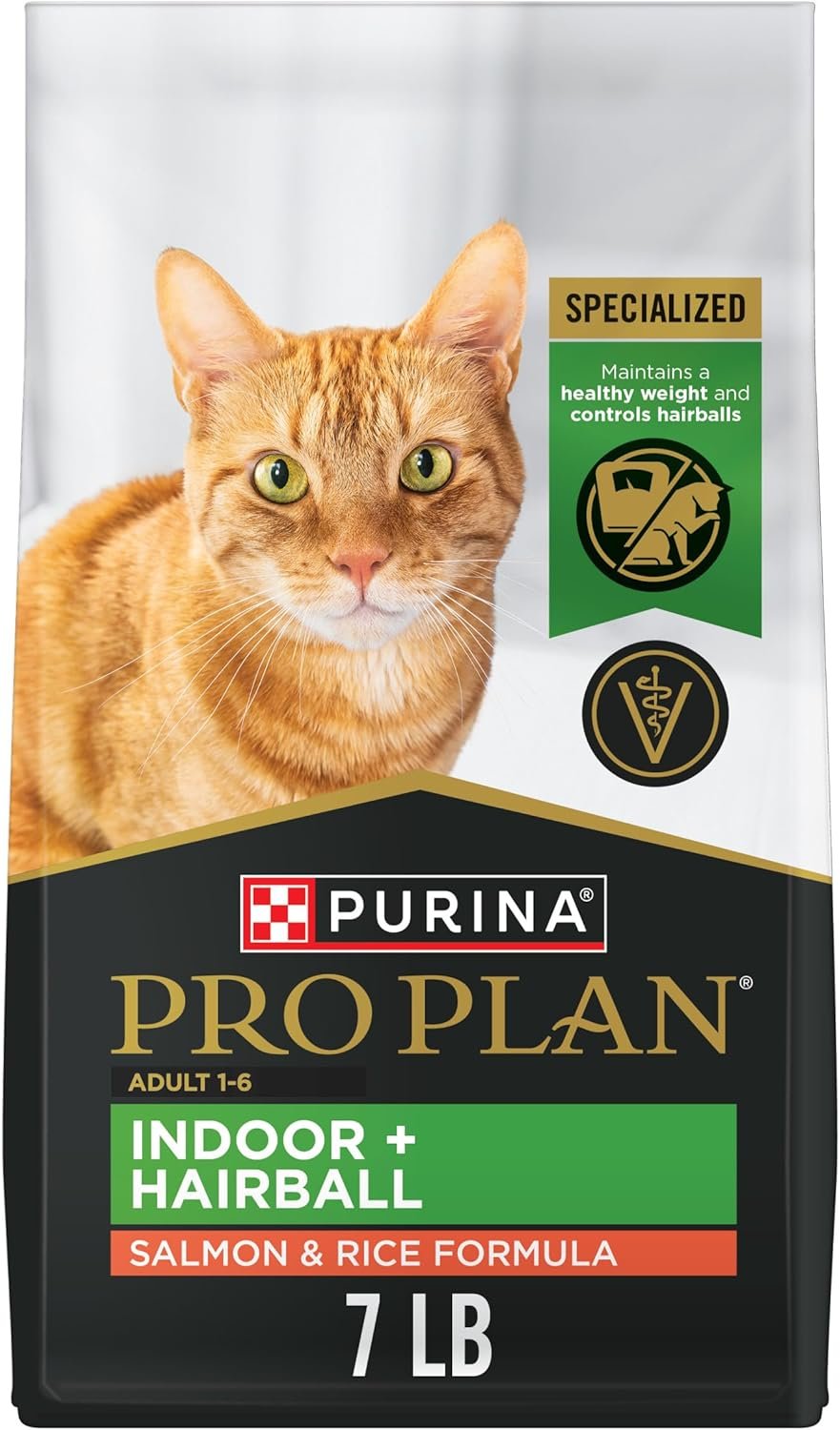 Purina Pro Plan Hairball, Healthy Weight, Indoor Dry Cat Food, Focus Indoor Care Salmon & Rice Formula – 7 lb. Bag | Real salmon & rice recipe, high-protein with live probiotics for digestive support and natural fiber for hairball control