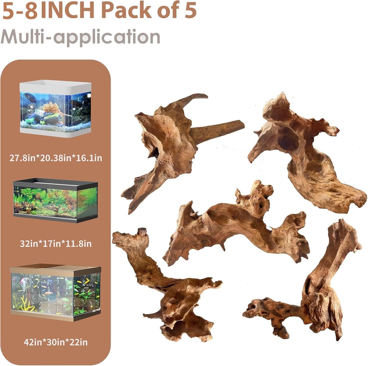 Jorewood Natural Small Aquarium Driftwood for Fish Tanks & Reptile Terrariums – 100% Safe Fish Tank Decorations, Unique Twisted Branches 5-Piece 4-8 Inch Low Tannin, Easy to Sink