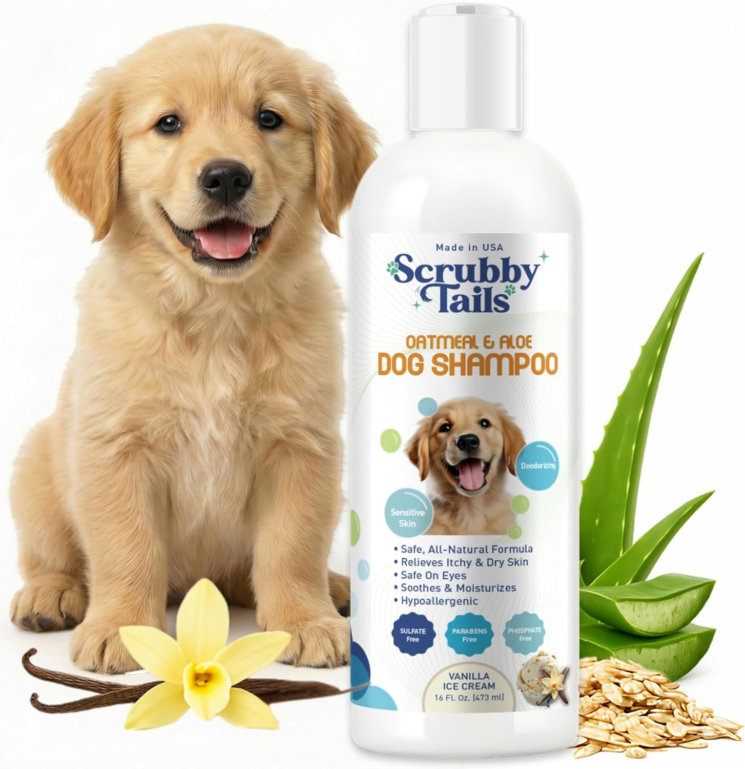 Organic Dog Shampoo – Puppy Oatmeal Shampoo for Itchy Skin Relief – Hypoallergenic for Sensitive Skin, for Dogs of All Ages, Deodorizes, Tearless, Made in USA, 16oz (Vanilla Ice Cream)