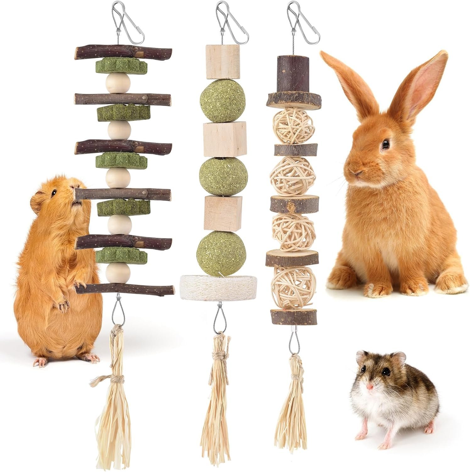Bissap 3PCS Bunny Chew Toys, Natural Hanging Rabbit Chew Toy Treats for Guinea Pigs Hamsters Gerbils Chinchilla and Other Small Pets for Teeth Grinding