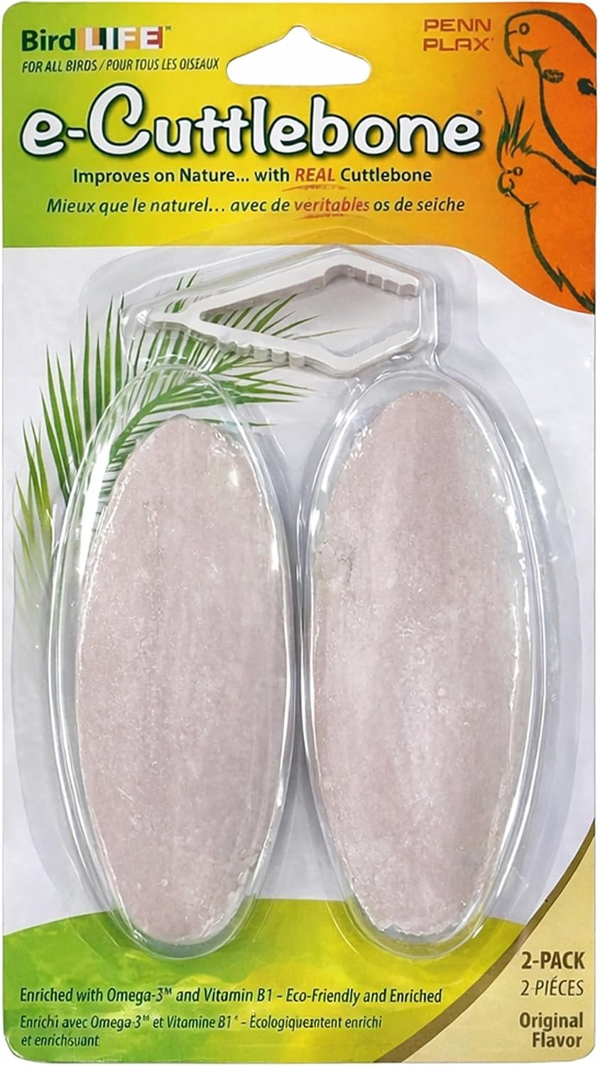 Penn-Plax Bird-Life E-Cuttlebone Original, 1 Pk (2 Counts) – Durable, Less Brittle Cuttlebones Enriched with Omega 3, Honey & Vitamin B1 – Easy Mounting, Cage Clip – Great for All Bird Sizes – White