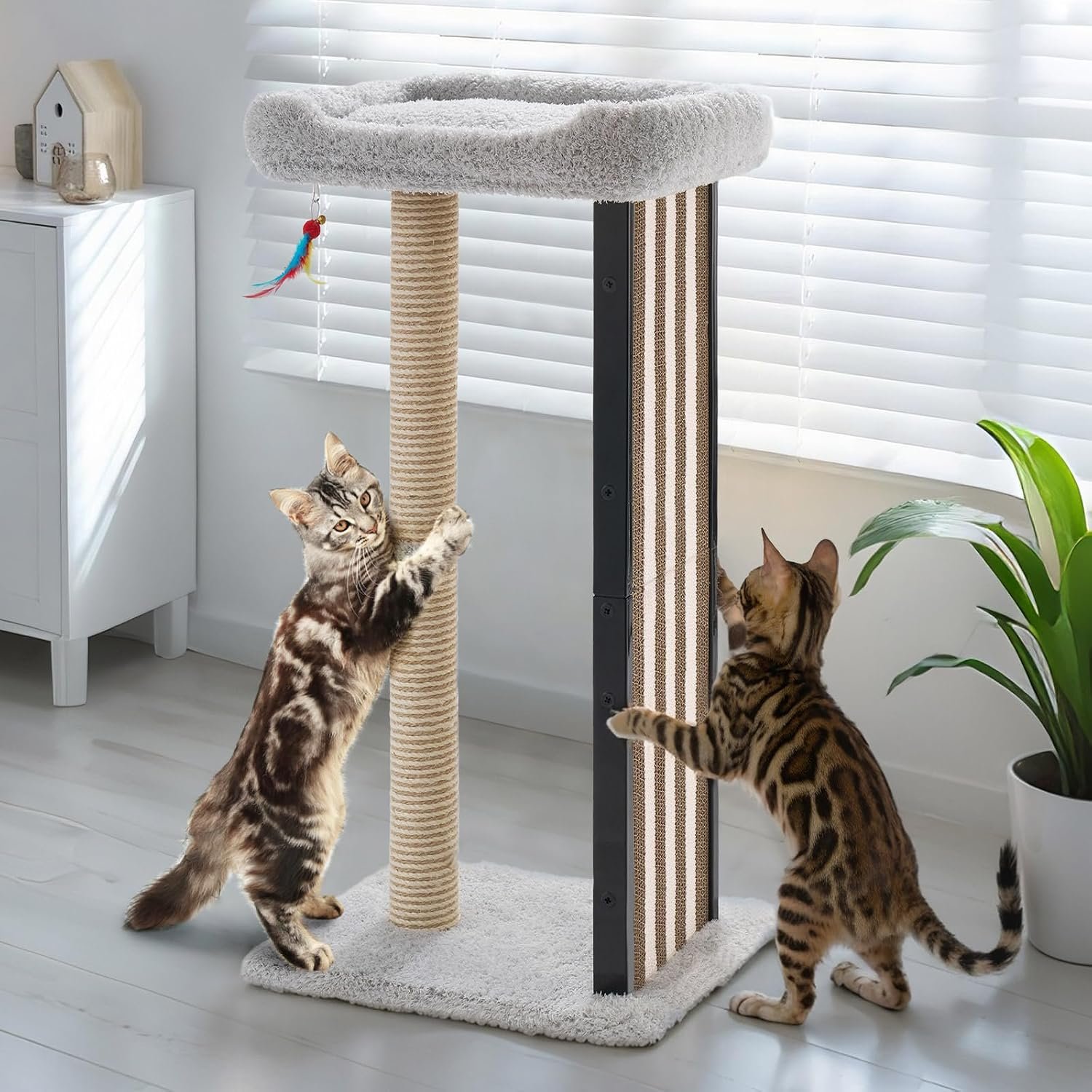 Veehoo 35″ Tall Cat Scratching Post for Indoor Cats, Sturdy Cat Scratch Pad | Scratch Post with Plush Top Bed & Replaceable Metal Frame Scratching Board, Easy assembly