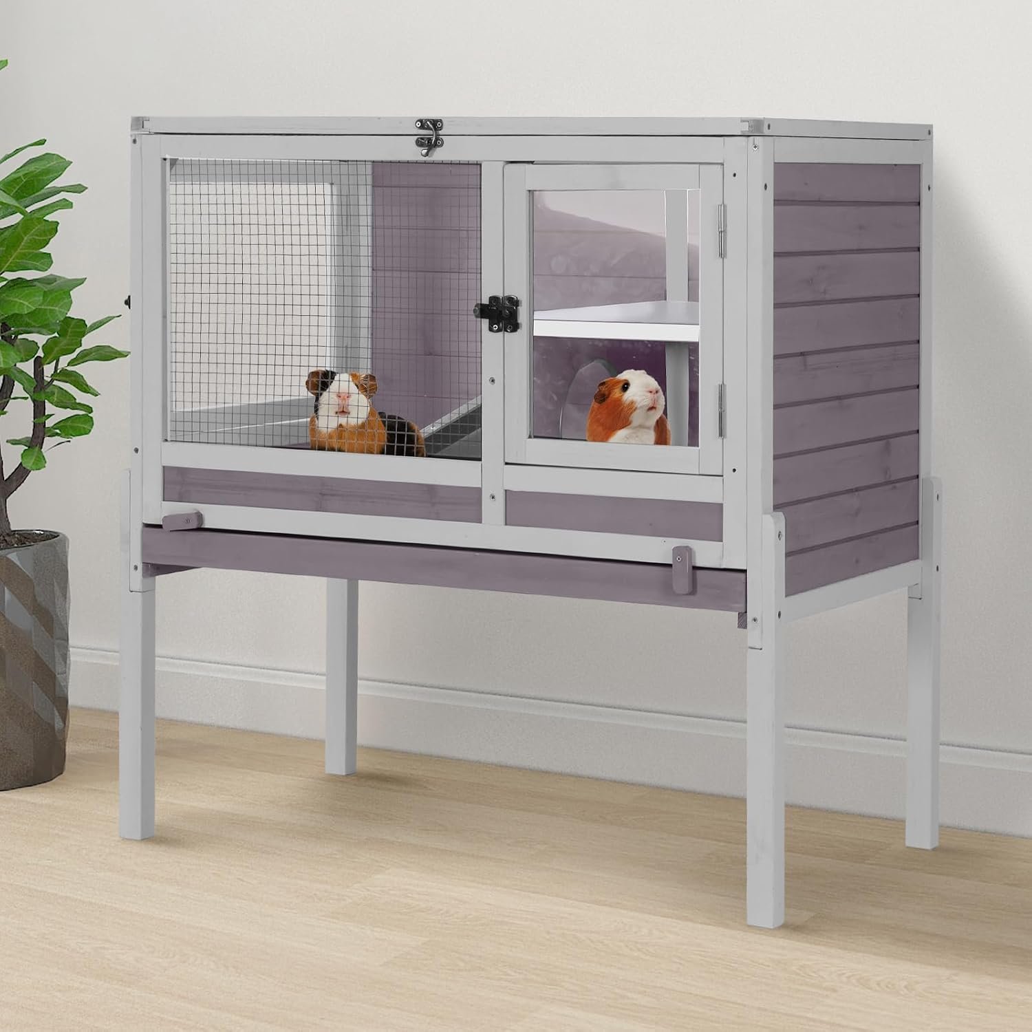 Aivituvin 2-Story Indoor Rabbit Hutch Guinea Pig Cage with Stand, Wooden Bunny Cage Small Animal Cages with Chew-Proof Ramp, Pull-Out Tray & Leakproof PVC Layer (Grey)
