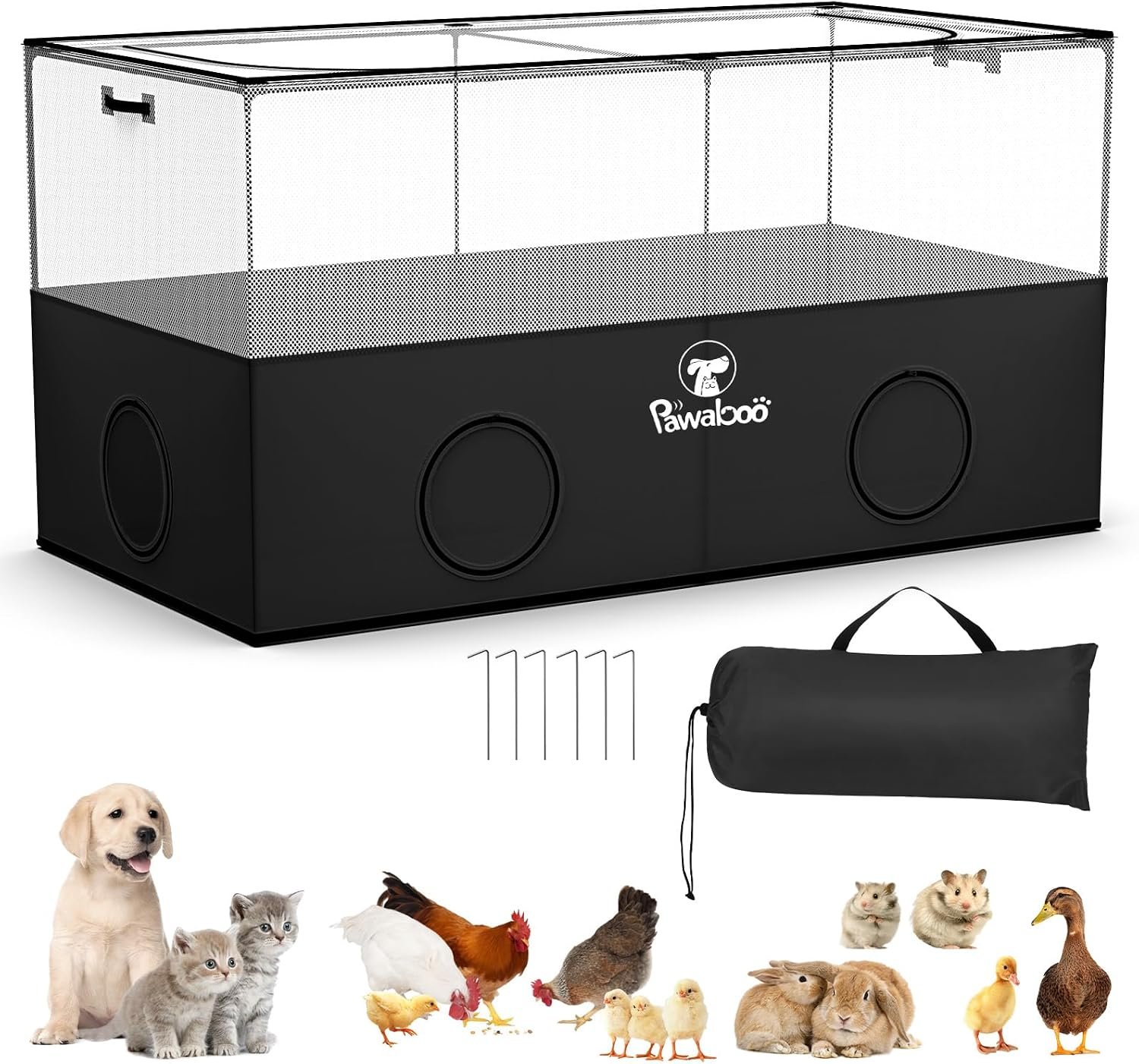 Pawaboo Small Animal Playpen, Foldable Pet Cage Tent, Black | For Puppy Kitten Guinea Pig Rabbit Chicken Hamster, Indoor Outdoor Use, Breathable Mesh Wall and Bottom