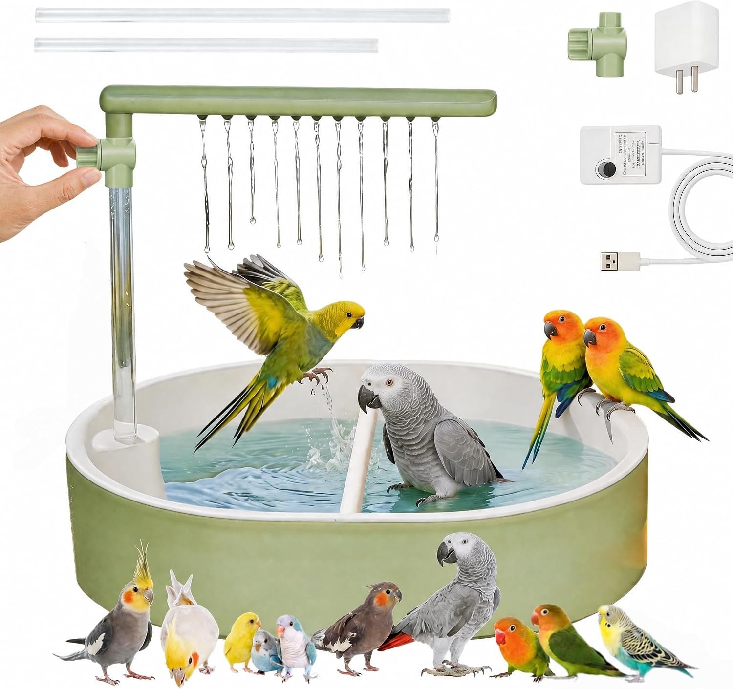 Automatic Bird Bath, Parrot Shower with Circulating Water, Green Pipe | Adjustable Water Flow, Indoor Parrot Bath for Cage with Plug for Parakeet Budgie Cockatiel Finches Cockatoo Pet Bird