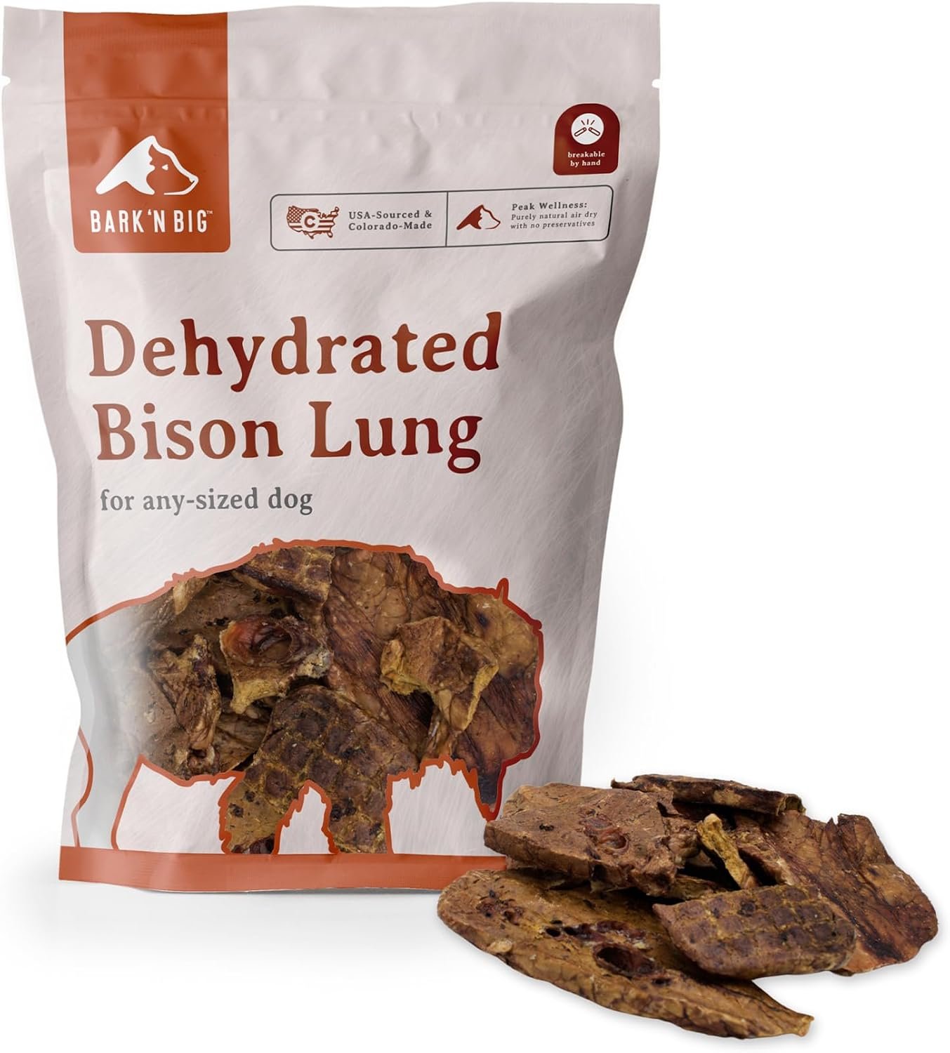 BARK’N BIG Bison Lung Dog Treats Single Ingredient Dehydrated | Made in USA, High Protein, Low Fat, Easily Digestible, Sensitive Stomachs, 5 oz