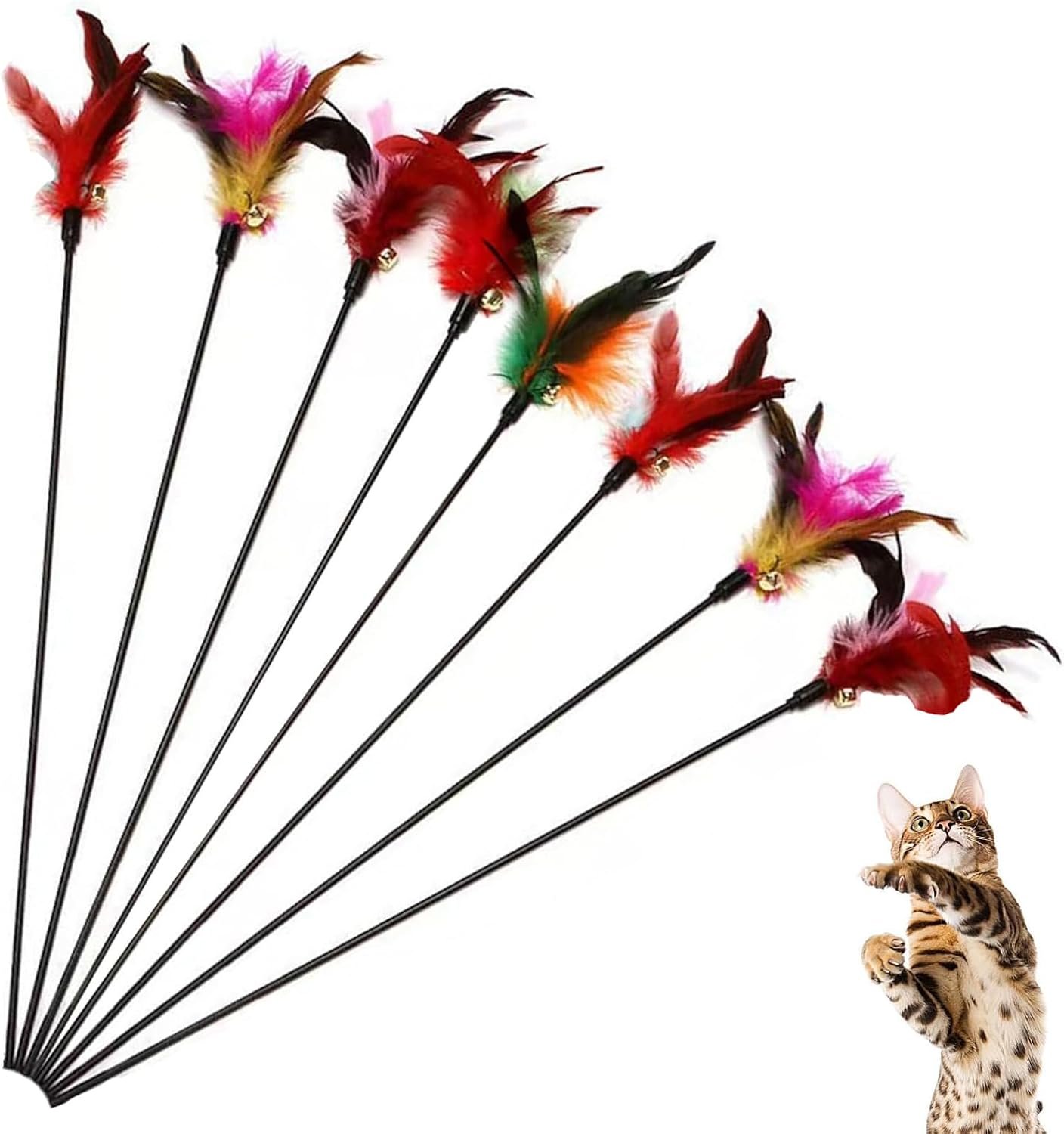 KABASI 8Pack Cat Feather Wand Toys with Bell | Natural Feather Interactive Kitten Teaser Thick Sticks for Indoor Cats
