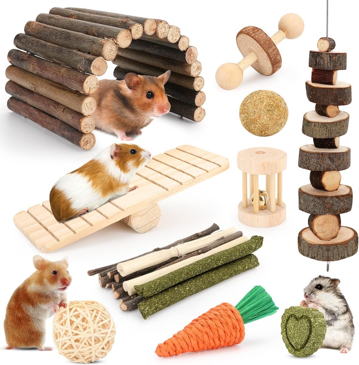 Hamster Toys Guinea Pig Toys Hamster Wheel Hamster Cage Accessories Small Animal Molar Chew Toys for Chinchillas,Gerbils,Mice,Rats,Mouse,Rabbit,Bunny Hideout Seesaw (12 Different chew Toys)