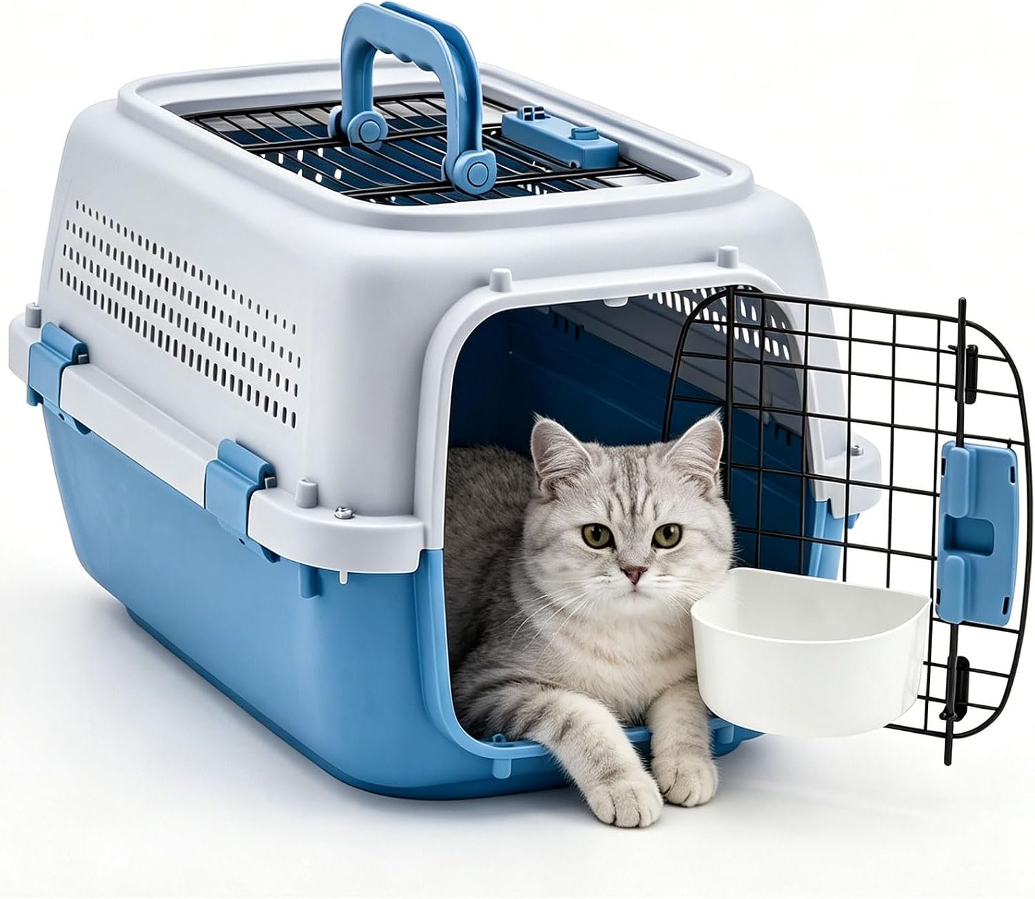 NEWBULIG 23″ Hard-Sided Dog Carrier for Small Dogs & Cats, Blue | Plastic Dog Crate, Up to 22 lbs, 4-Sided Ventilation, Top & Front Door Access, Metal Wire Door, Integrated Food Bowl