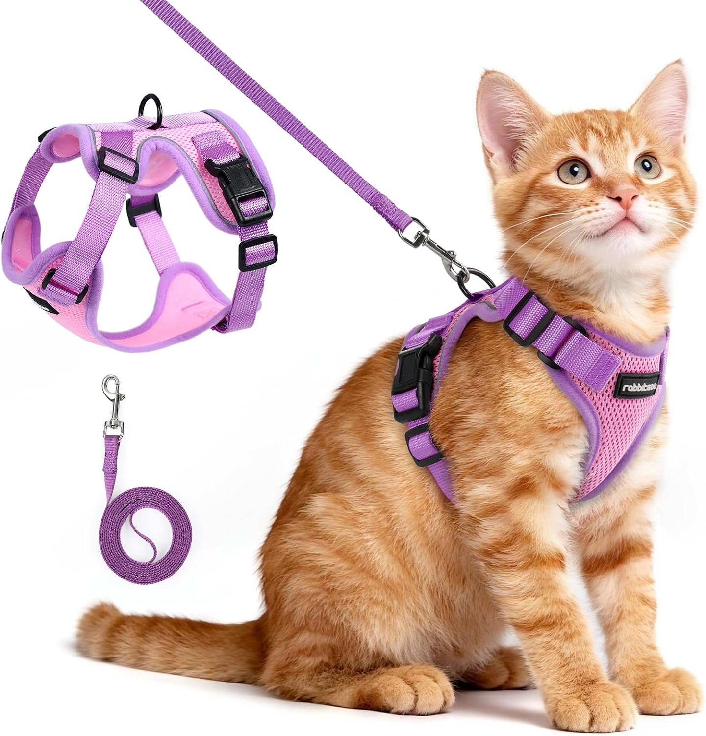 rabbitgoo Cat Harness and Leash Set, Escape Proof, Pink & Purple | Adjustable Fit, Snap Buckles, Soft Breathable Vest, Secure Clip, Reflective Strips, for Small & Average Cats Walks, Xs