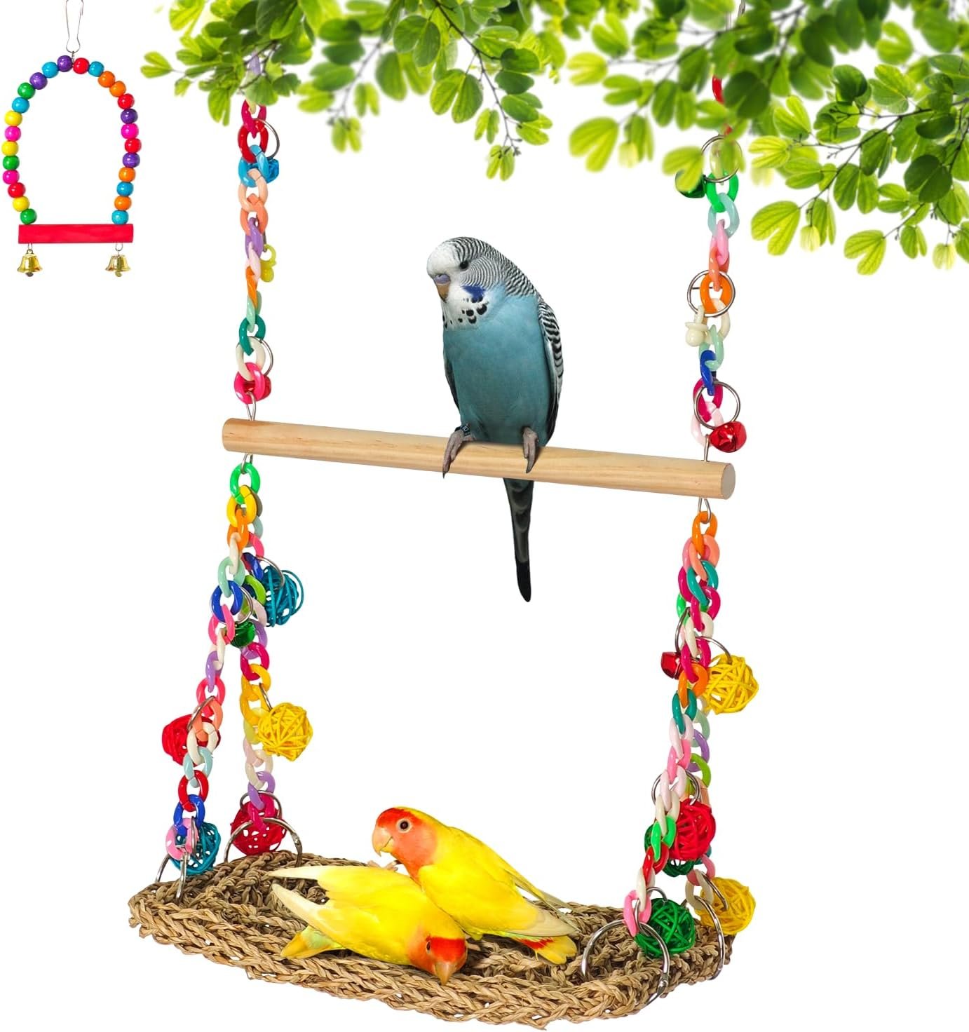 Natural Bird Swing Toys with Wood Perch, Double Layer Bird Seagrass Woven | Climbing Hammock with Chewable Perch Stand Chewing Toy for Parakeets, Budgies, Conures, Cockatiels, Lovebirds