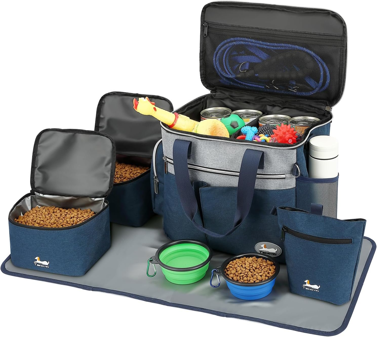 Dog Travel Bag for Pet Kit for Supplies with 2 Food Storage Containers 2 Collapsible Bowls 1 Feeding Mat 1 Dog Treat Pouch 7-Piece Set Perfect Road Trips Camping Weekend (Navy Blue)
