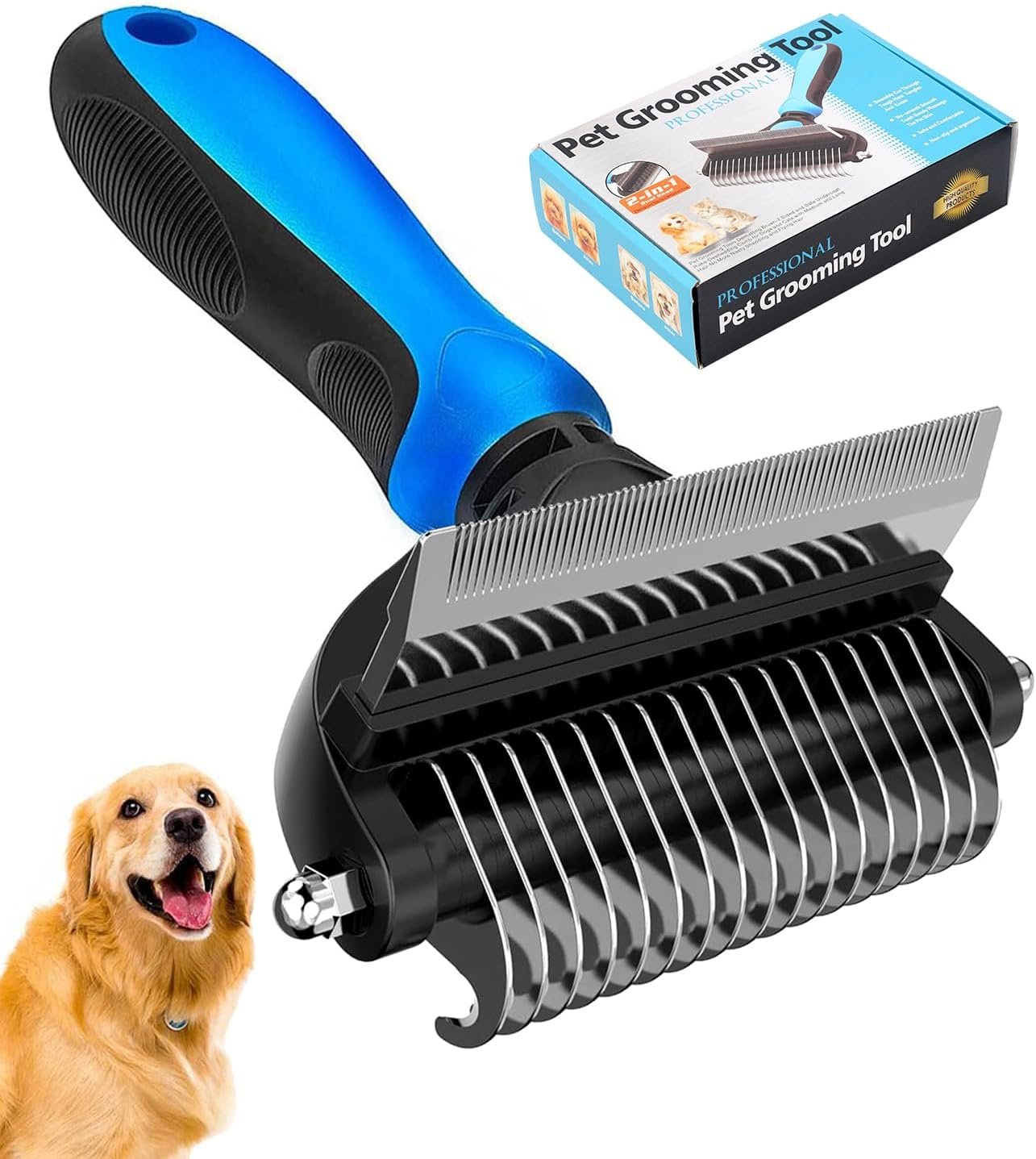 [ 2 in 1 design ] Undercoat Rake and Deshedding Tool for Dogs and Cats – Dematting Comb for Long Hair Pets, Grooming Brush to Clear Mats, Tangles and Reduce Shedding by 95%