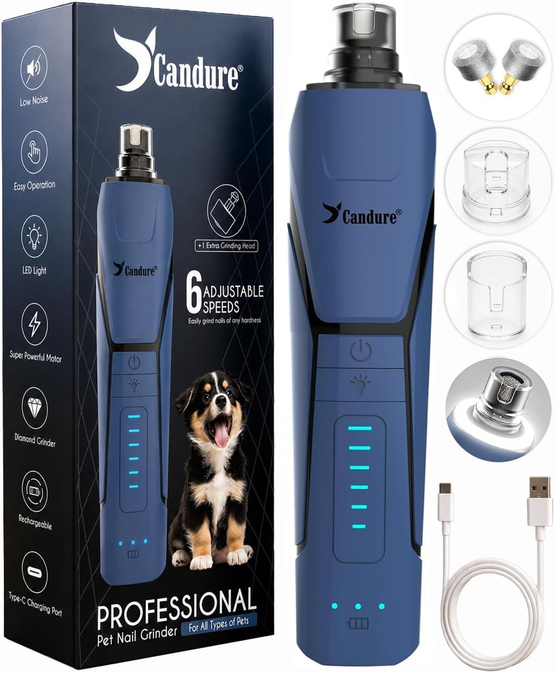 Candure Whisper Quiet Dog Nail Grinder with 360 Degree LED Light, 6-Speed Rechargeable Pet Nail Trimmers with Extra Grinding Head for Safe, Stress-Free Grooming for All Pet Sizes