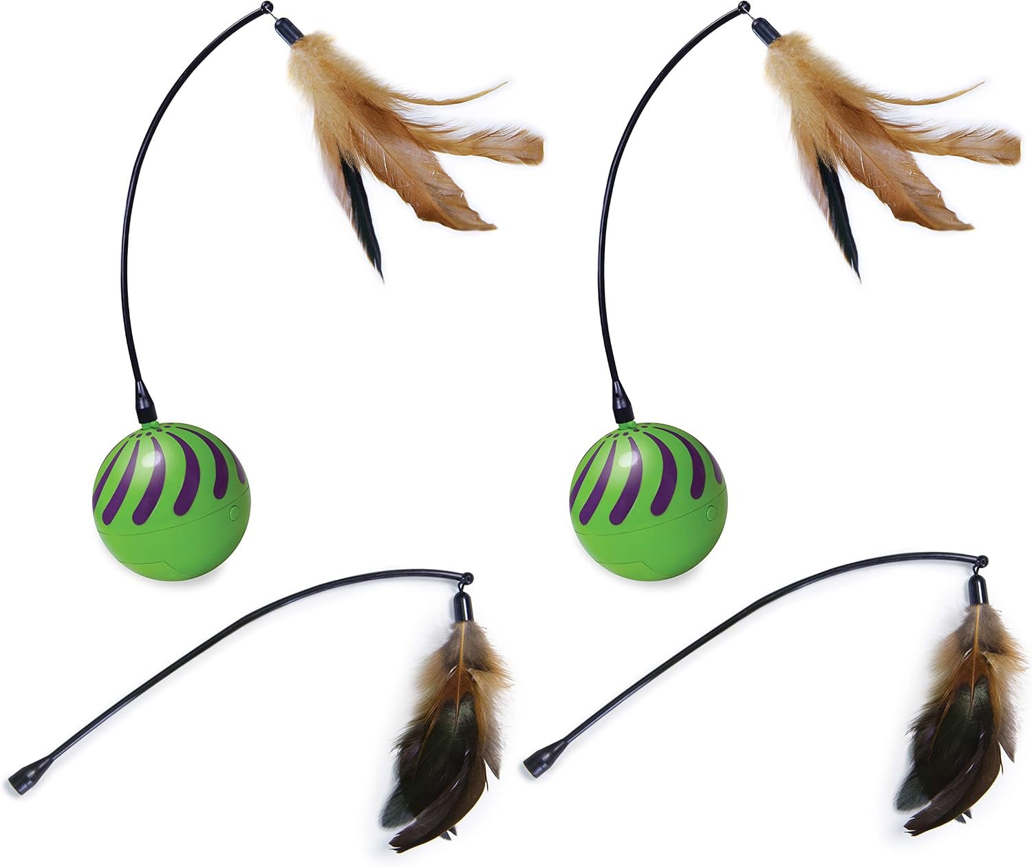 SmartKat (2 Count) Feather Whirl Electronic Motion Wand Cat Toys, Includes (2) Extra Wands, Battery Powered – Green, 2 Count