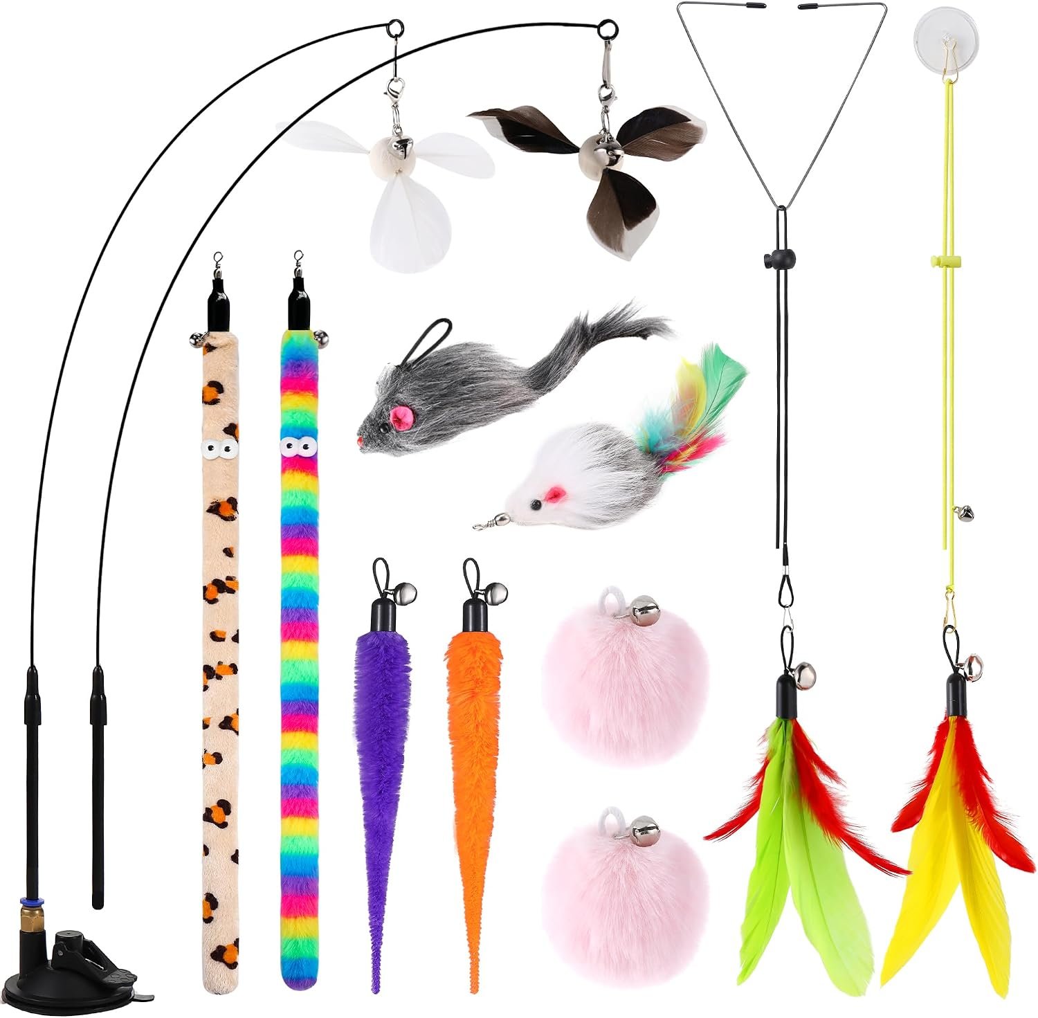 Soarer 4in1 Interactive Cat Wand Toys with Suction Cup for Indoor Cat,12Pcs | Enhanced Suction Cup,Fishing Pole Cat Stick Toy Replacement,2 Types Door Hanging Cat String Toy for Indoor Kitten Self Play