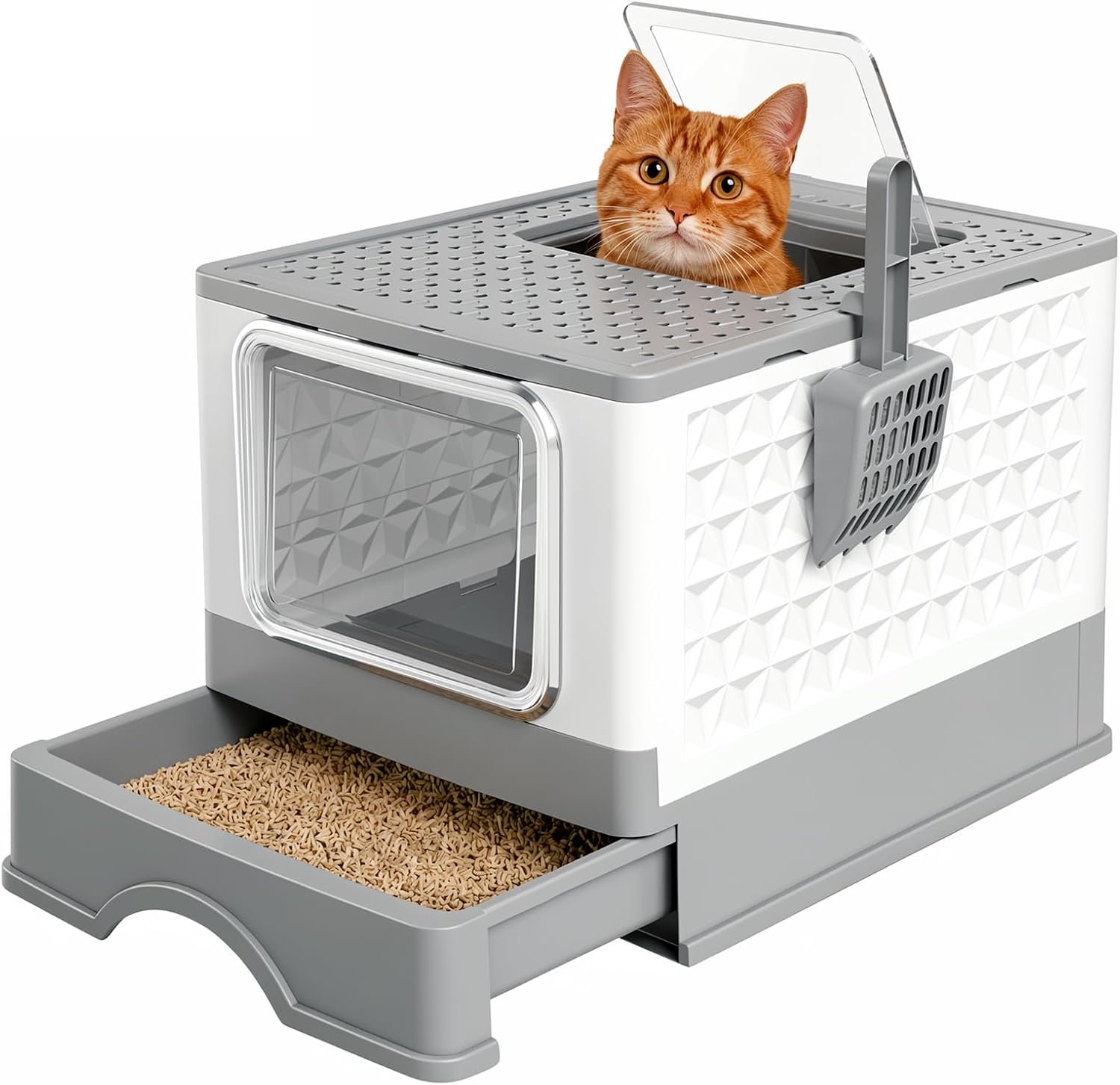 Covered Cat Litter Box with Lid for Large Cats/Multi-cat Families, Foldable Enclosed Kitty Litter Box with Slide-Out Drawer Tray & Scoop for Quick Cleaning, Odor Control, White & Grey