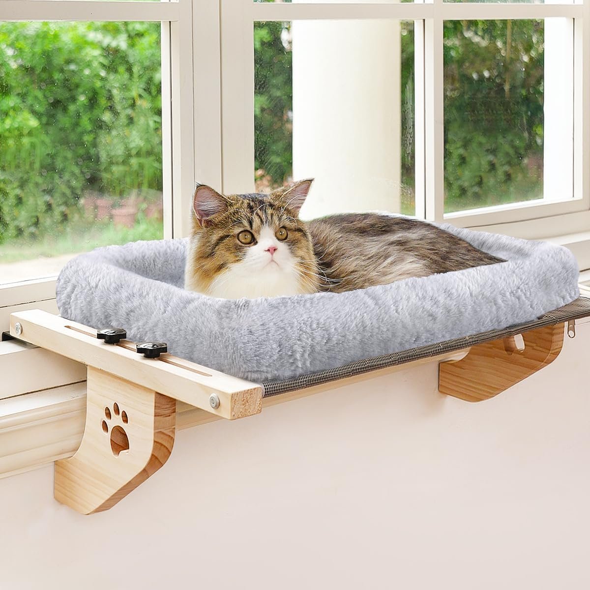 AMOSIJOY Cat Sill Window Perch Sturdy Hammock Window Seat with Cushion Bed Cover, Wood & Metal Frame for Large Cats, Easy to Adjust Cat Bed for Windowsill, Bedside, Drawer and Cabinet(Cushion Bed)