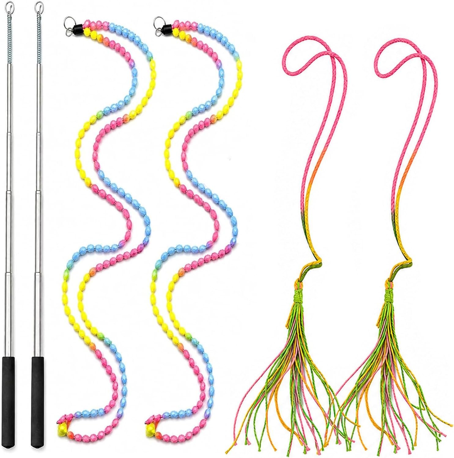 6PCS Interactive Cat Wand Toy Set for Indoor Cats, 2 Retractable Teaser Wands with Extra Long String, Tassel Rope, Handmade Sisal Rope Toys, Worm Refills, Catnip Mouse, Exercise Kitten Chase Toys