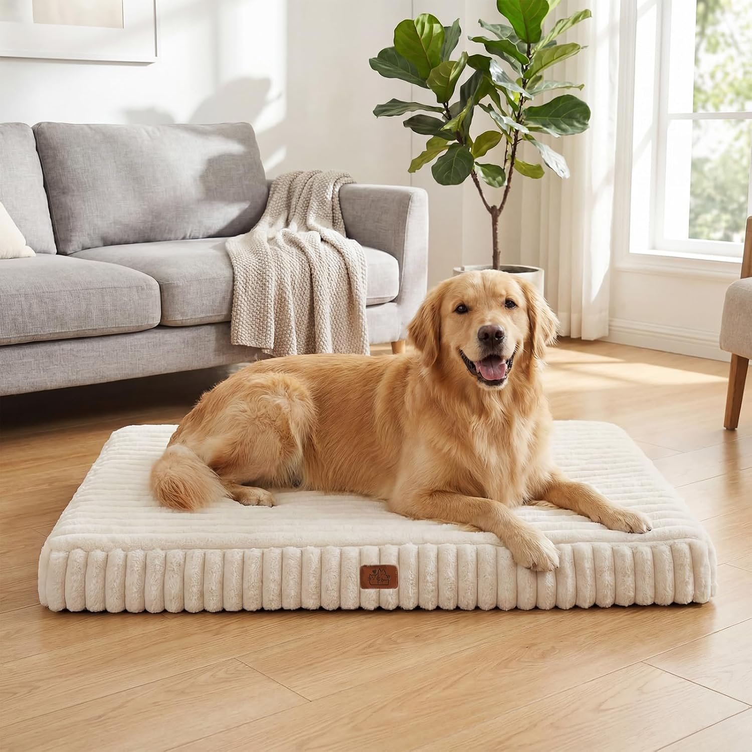 Orthopedic Dog Bed for Large Dog, Waterproof Washable Pet Bed for Crate | Non-Slip Bottom and Egg-Crate Foam with Removable Washable Cover Crate Bed,Cream,36″x27″x3″