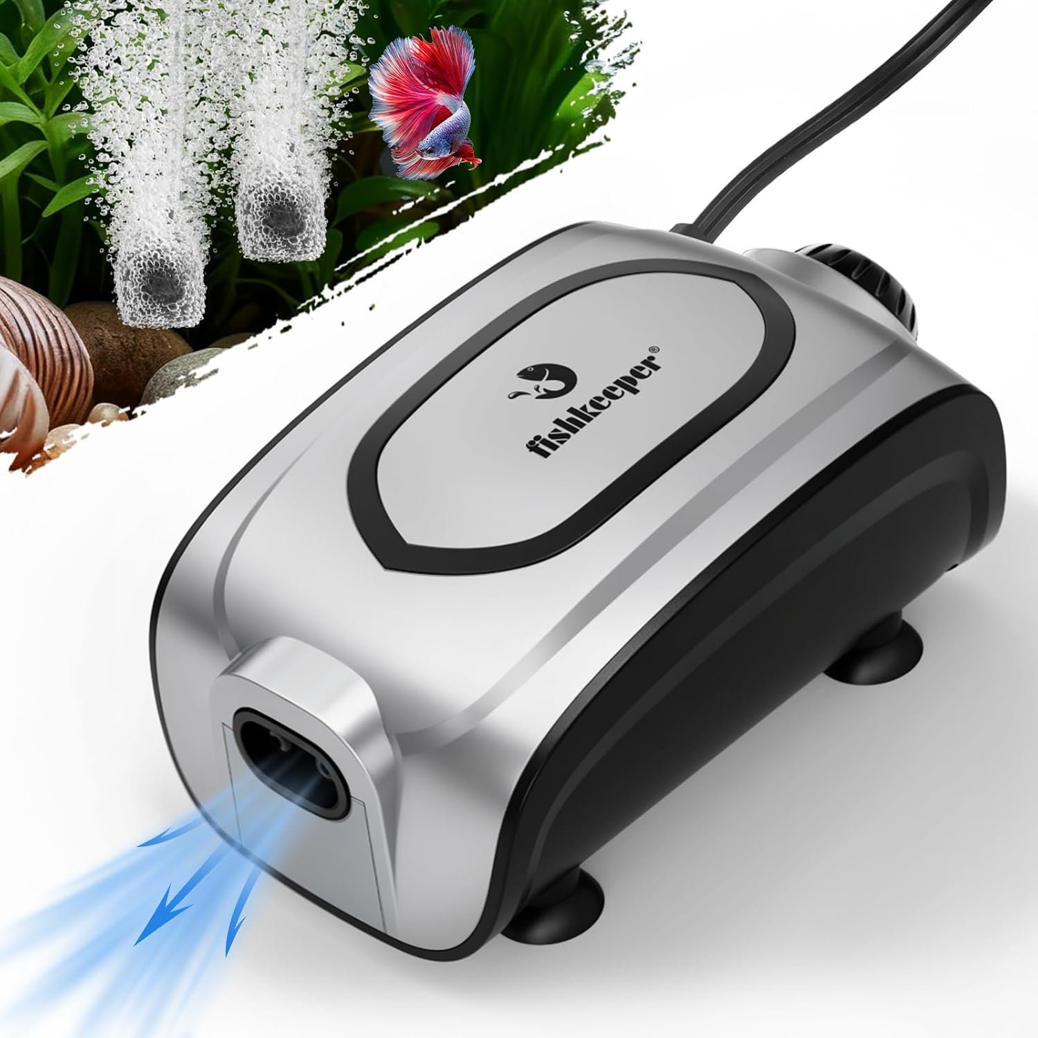 fishkeeper Quiet Aquarium Air Pump, 3W 5W Dual Outlet, Adjustable Bubbler | Power, Energy-efficient and Small Fish Tank Air Pump, Oxygen Aerator Pump with Air Stone Accessories Kits for 1-160 Gallon