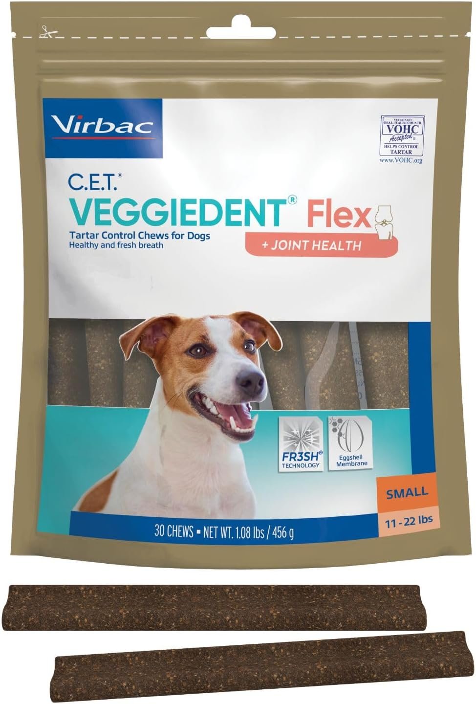 C.E.T. Veggiedent Fr3sh & Flex Plaque and Tartar Control Chew for Dogs, S | Dog joint health dental chews, mobility support, plant based chews, VOHC approved for plaque & tartar, fresh breath