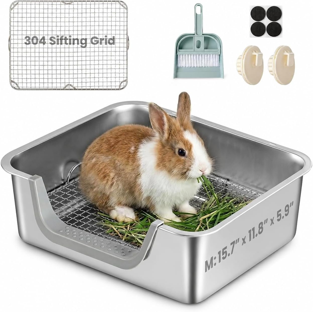 Rabbit Litter Box, Extra Large Bunny Litter Box with 304 Stainless Steel Sifting Grid, Safe Plastic-Covered Entry Edge & Hooks, Easy to Clean and Odor Control (15.7″ × 11.8″ × 5.9″)