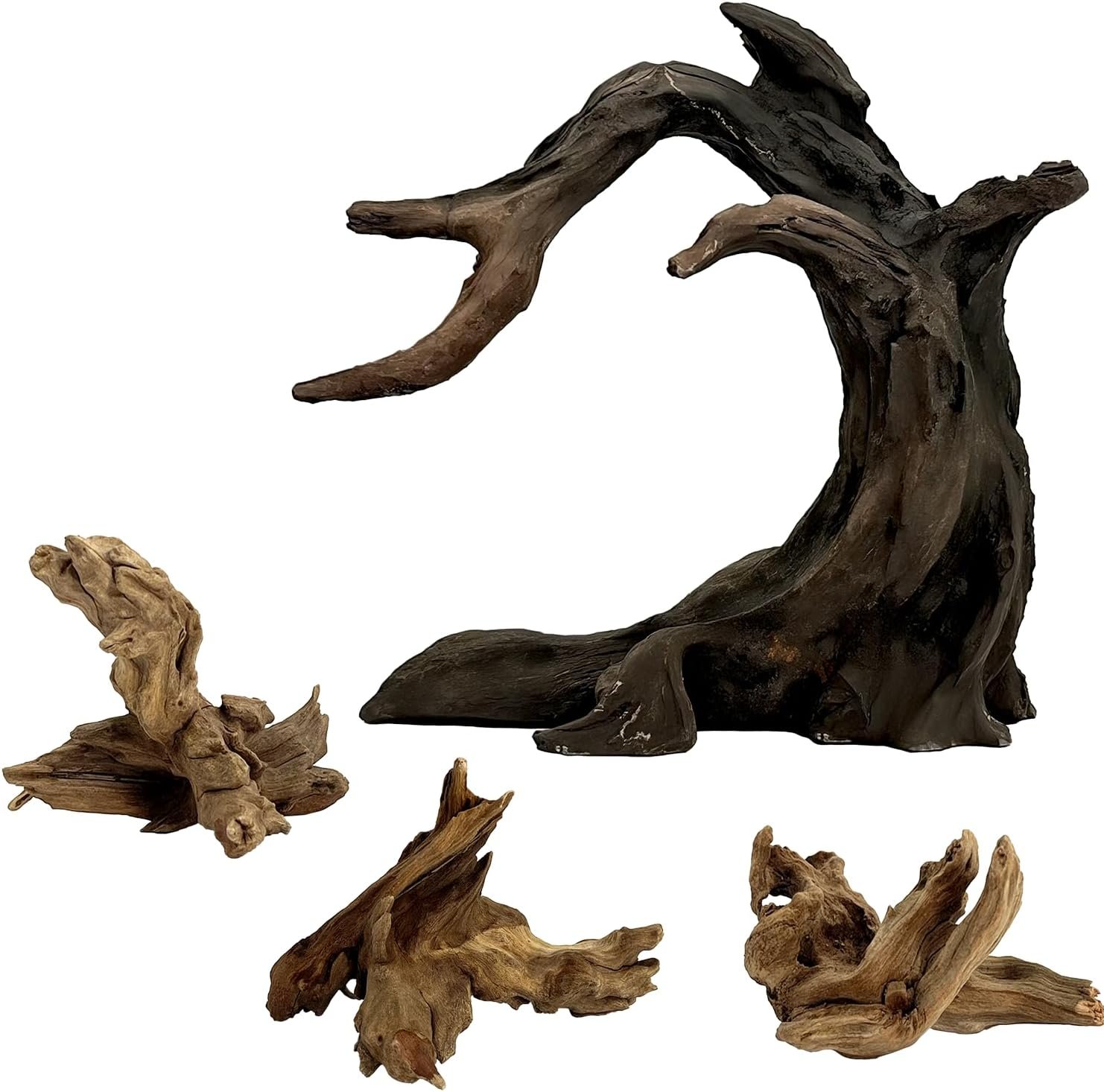 Aquarium Driftwood Decor Set – 1 Anubias Resin Model & 3Pcs Small Natural Driftwood 2-4 inch for Aquascaping, Fish Tank Landscape Design