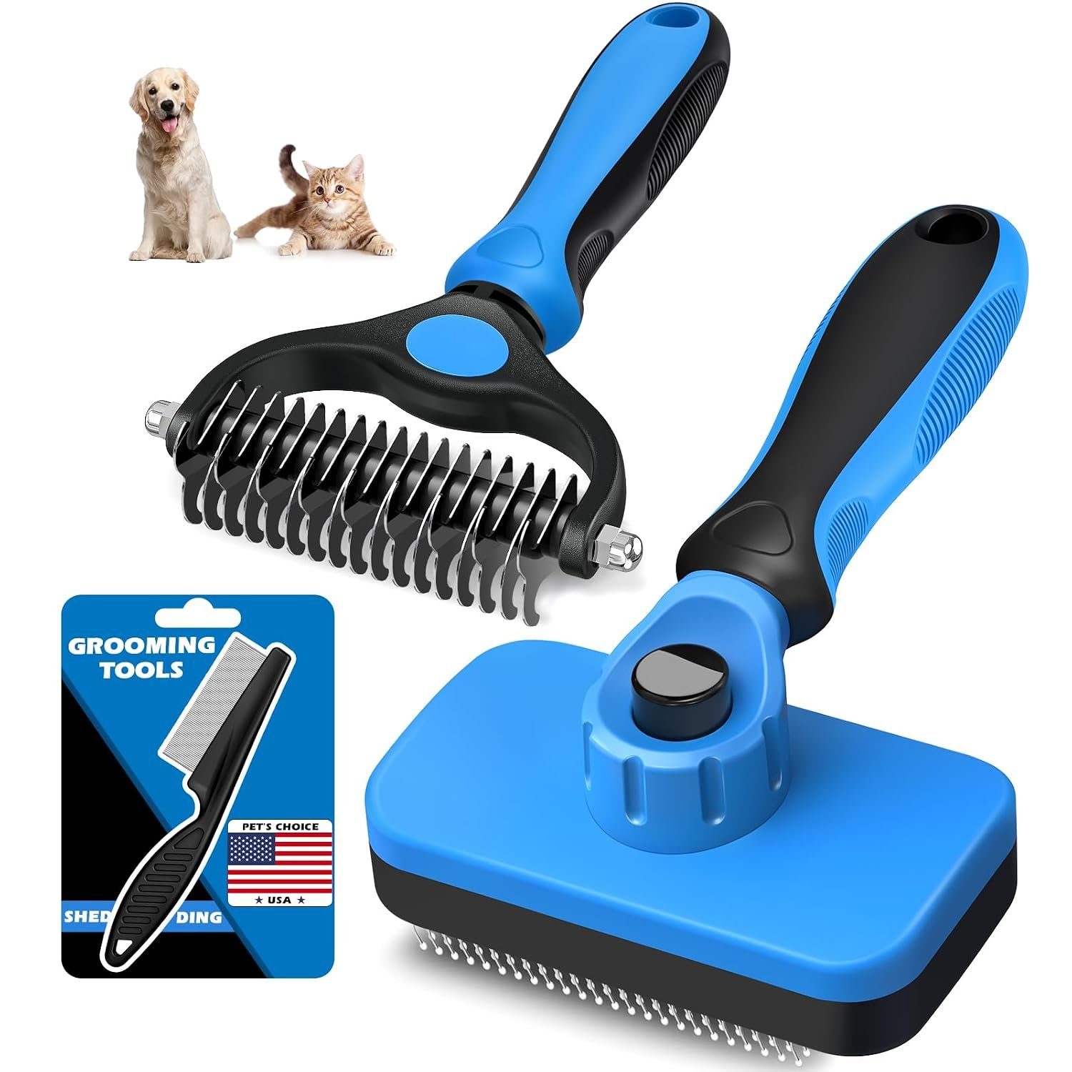 Professional 3PCS Self Cleaning Slicker Brush & Pet Grooming Rake & Flea Comb for Dogs,Cats and Horses | Double-Sided Dematting Comb & Skin Friendly Deshedding Grooming Tool | Pet Supplies (Blue)