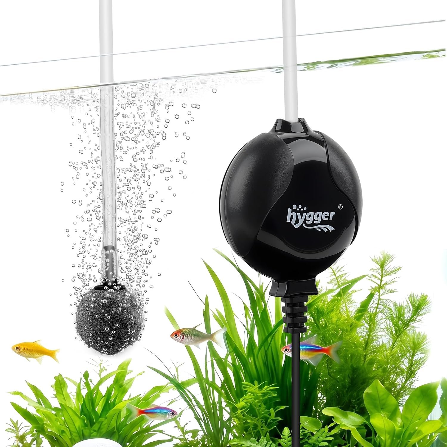 hygger Quiet Mini Air Pump for Aquarium 1.5 Watt Oxygen Fish Air Pump for 1-15 Gallon Fish Tank with Air Stone Air Tubing Clip Black